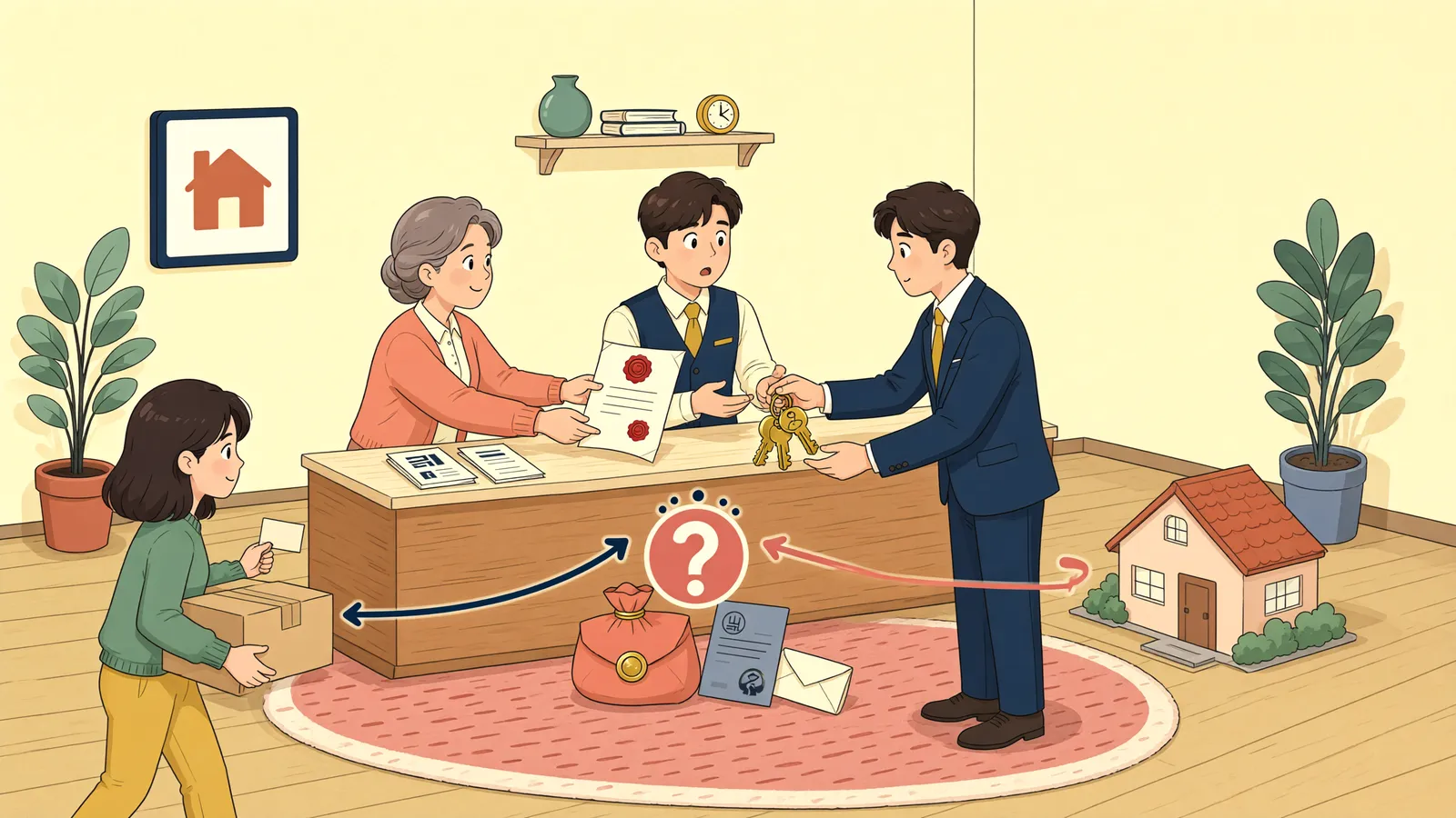 「집주인이 바뀐 뒤 주소를 옮겼다면, 보증금은 누구에게 청구할까」 상황을 그린 삽화