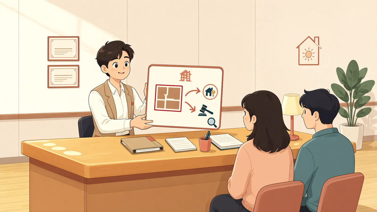 「땅 위에 세운 건물, 근저당권 경매에 함께 나올까?」 상황을 그린 삽화