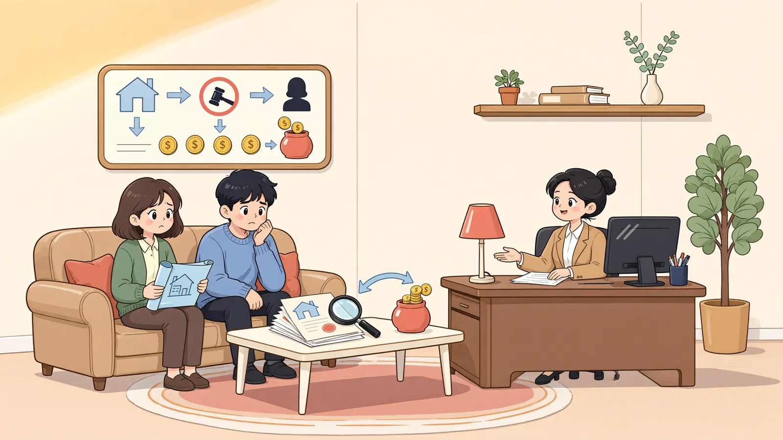 「기계는 넘어가고 배당금은 남았다: 점유개정 양도담보의 구제」 상황을 그린 삽화