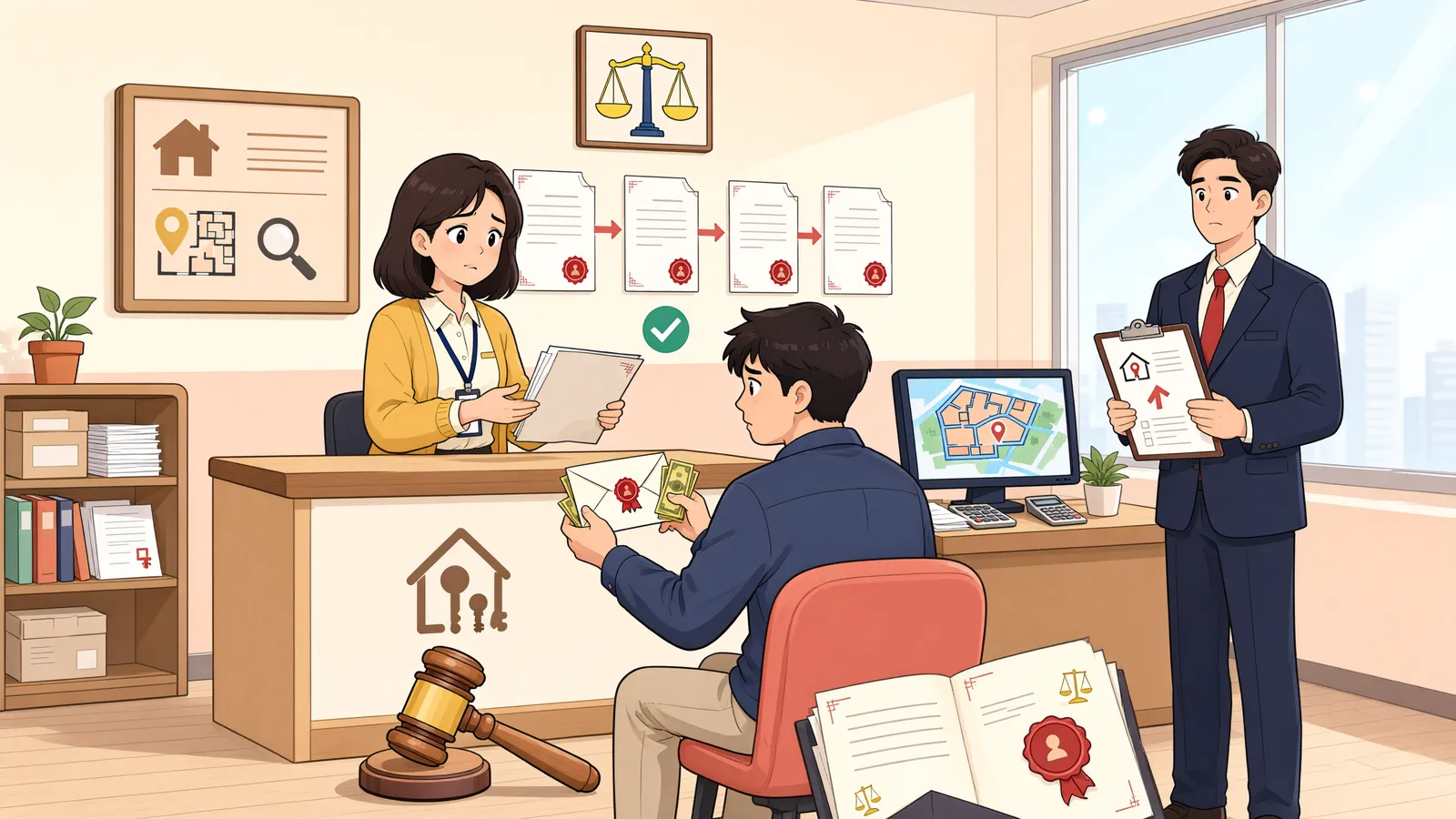 「판결금을 공탁했는데도 경매가 계속될 수 있을까?」 상황을 그린 삽화