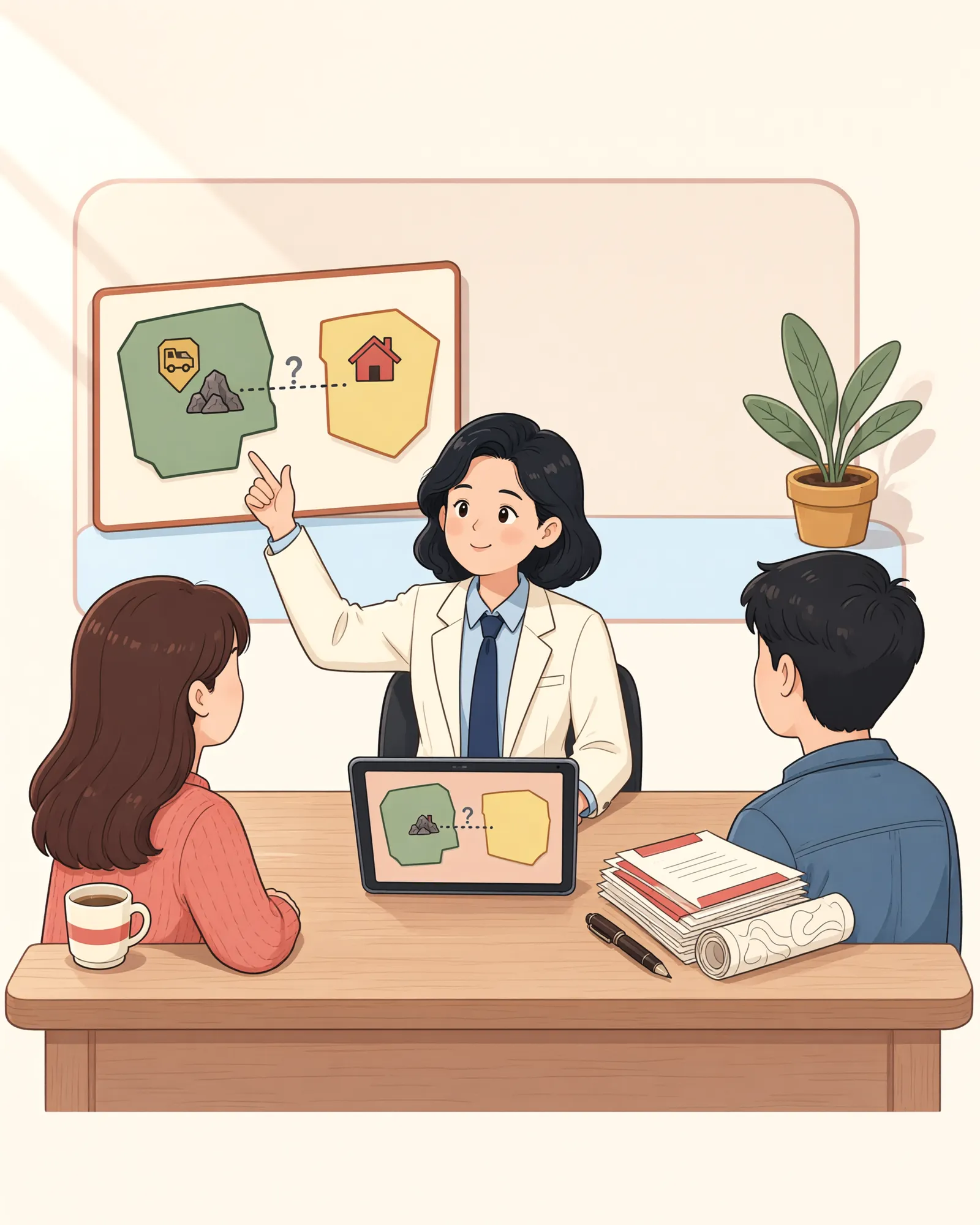 「묘 아래 광산 공사, 가족이 직접 멈춰 세울 수 있을까?」 상황을 그린 삽화