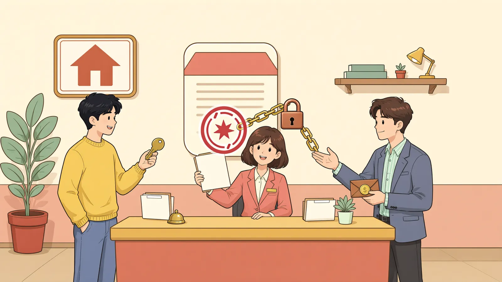 「보증금채권이 가압류된 집, 새 집주인에게 넘어가는 책임」 상황을 그린 삽화
