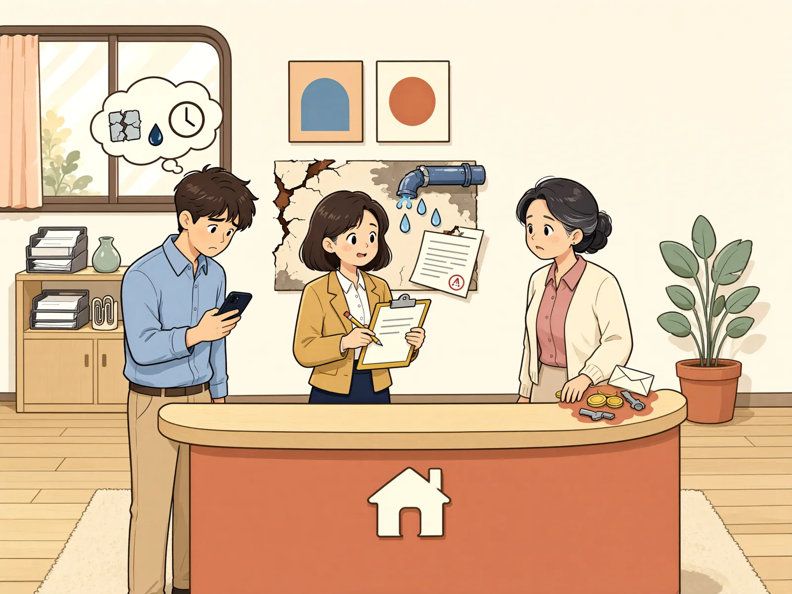 「늦게 알린 누수, 임대인의 책임은 어디까지일까」 상황을 그린 삽화