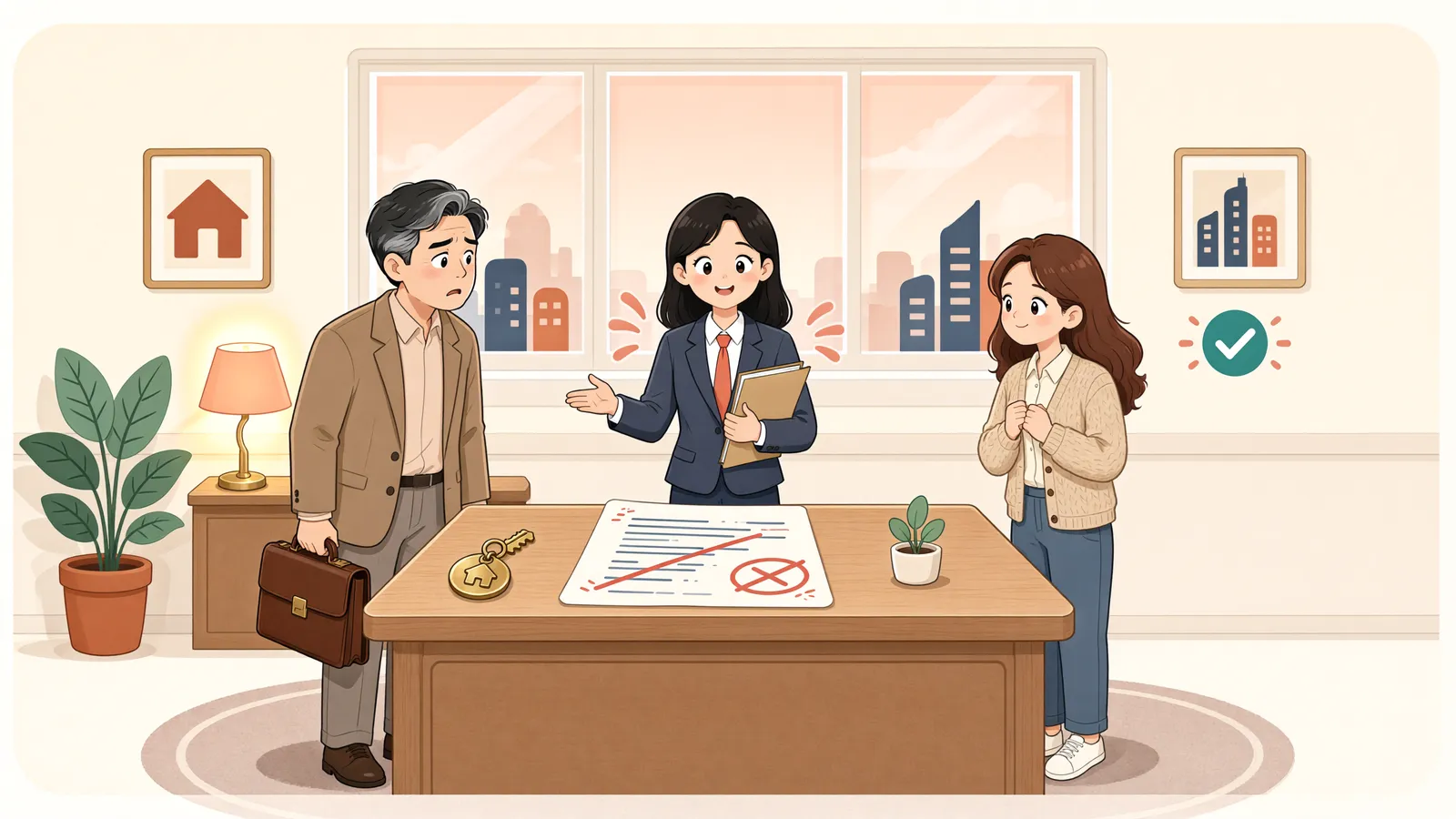 「임대인 잘못으로 계약이 끝나도 시설 철거는 별개」 상황을 그린 삽화