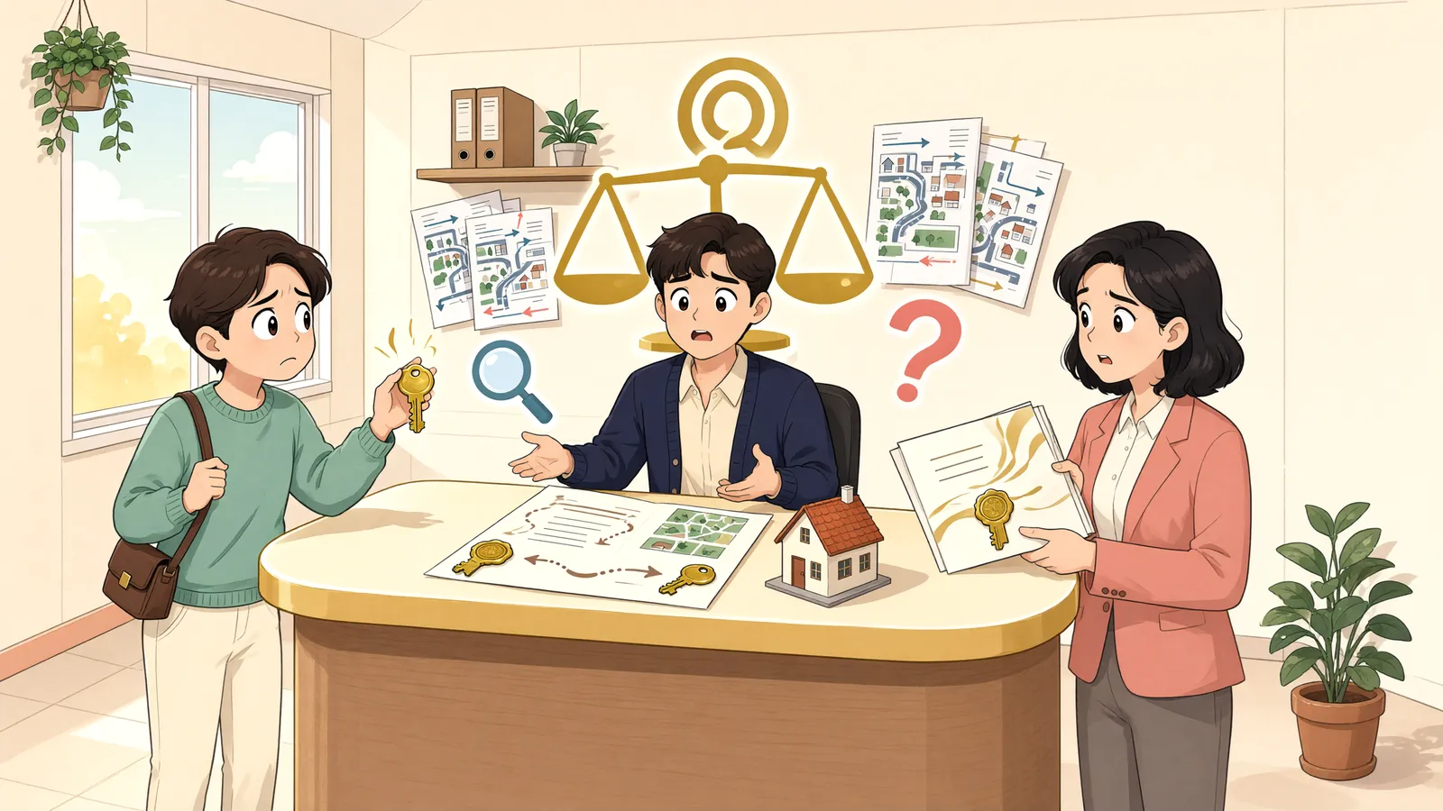 「지상권이 설정된 땅, 무단으로 지은 건물도 철거를 요구할 수 있을까」 상황을 그린 삽화