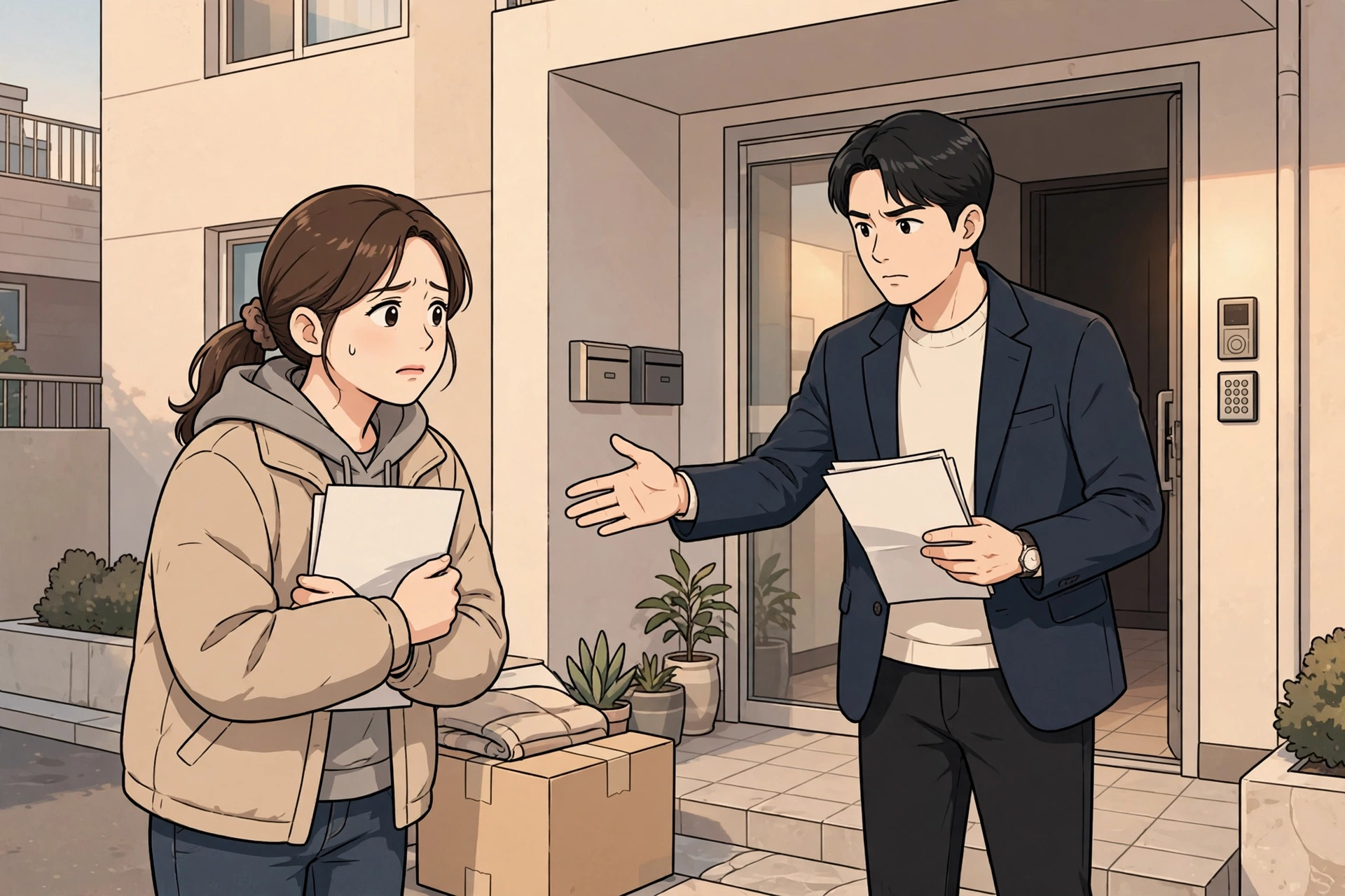 「무상거주확인서 한 장, 경매 낙찰자에게 맞설 수 있을까」 상황을 그린 삽화