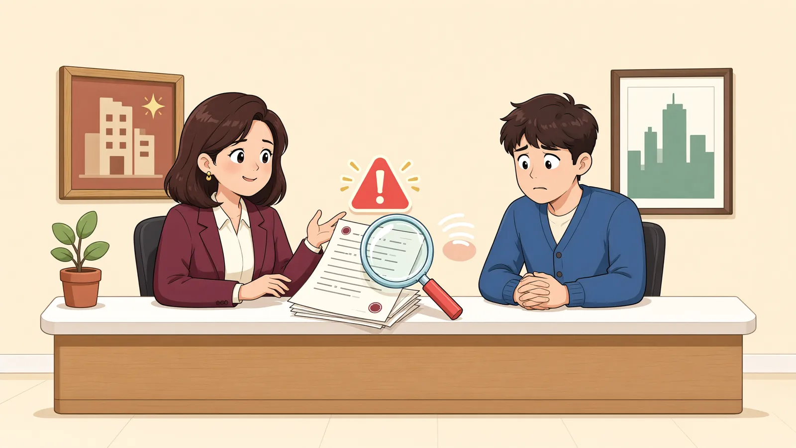「계약서에 ‘2년 뒤 무조건 퇴거’라고 썼다면 갱신을 포기한 걸까?」 상황을 그린 삽화