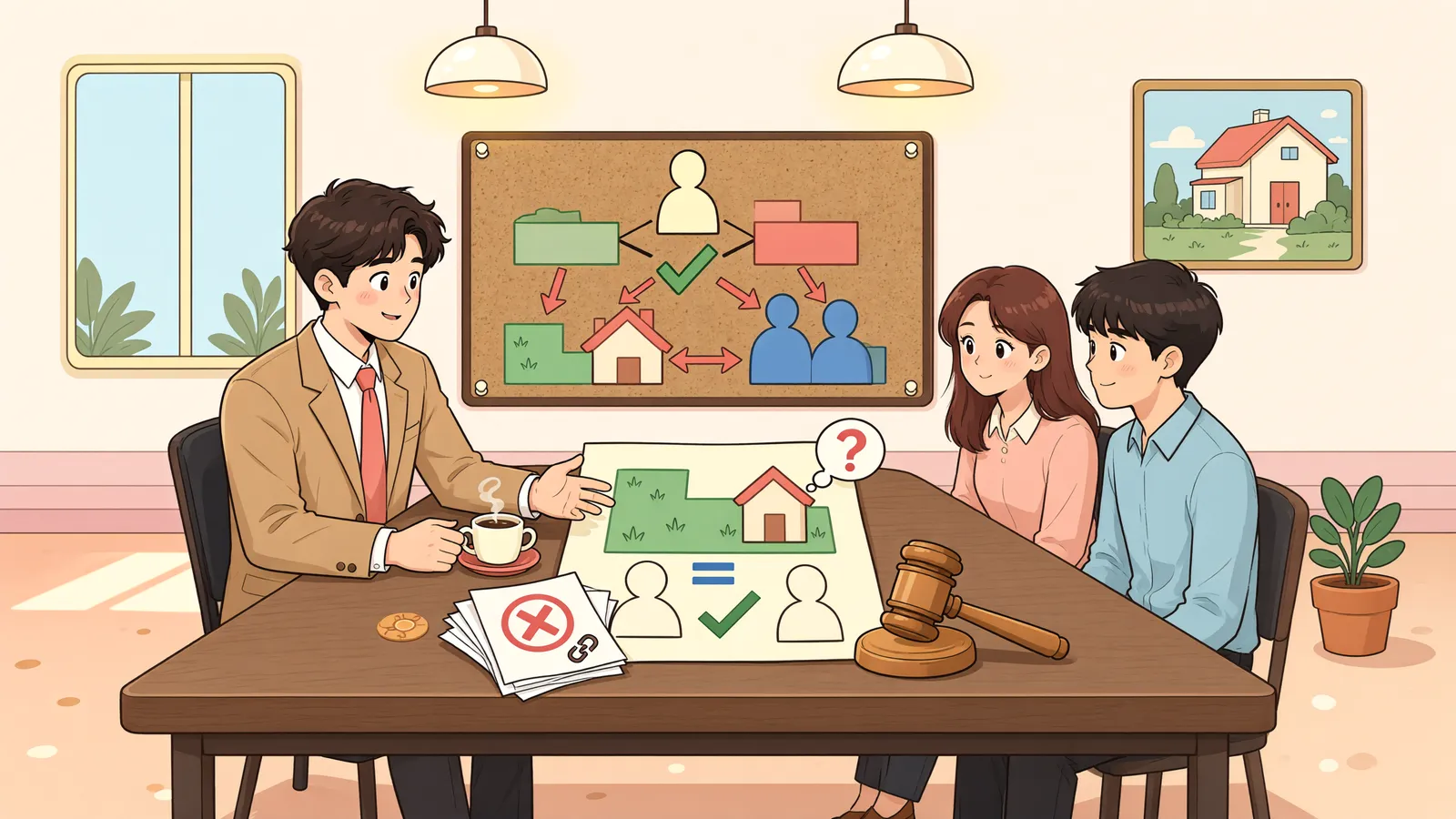 「땅은 경매로 넘어갔지만, 건물은 계속 쓸 수 있을까」 상황을 그린 삽화