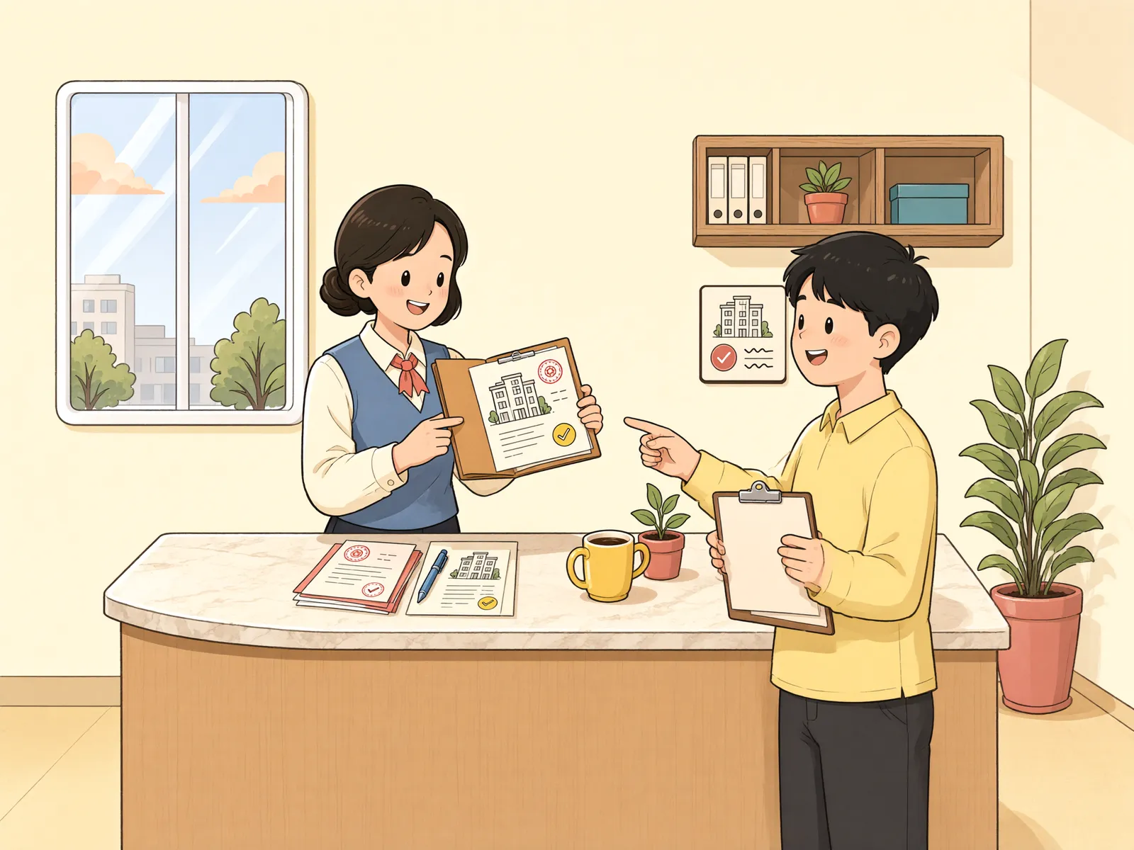 「상가 계약 전, 다른 점포의 보증금도 확인할 수 있을까?」 상황을 그린 삽화