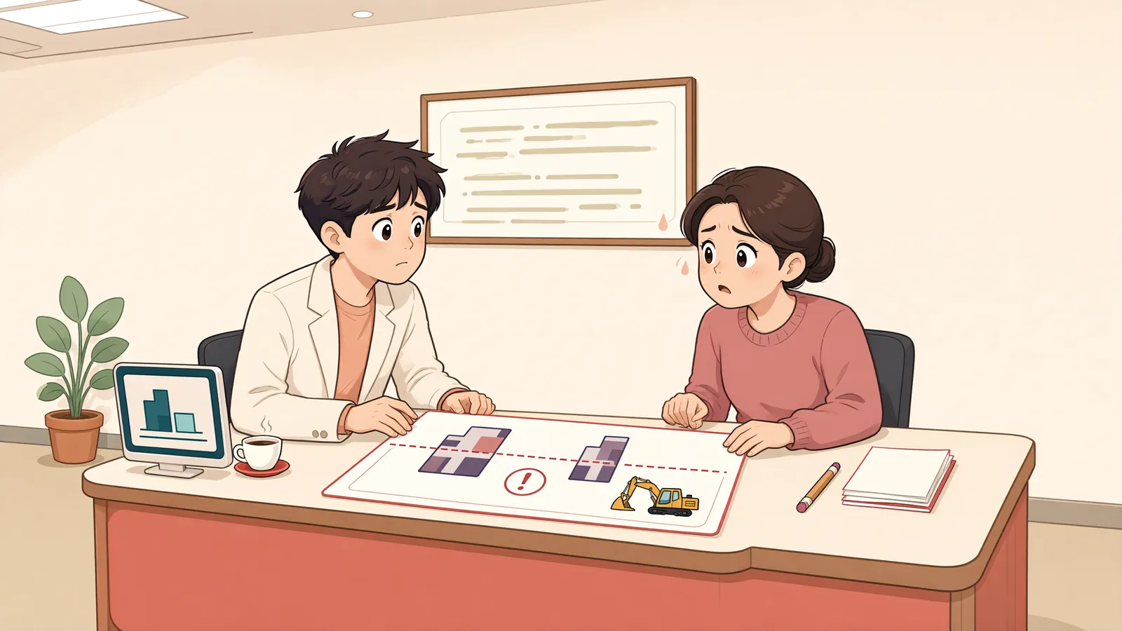 「담장처럼 다가온 신축 건물, 철거를 요구할 수 있을까」 상황을 그린 삽화