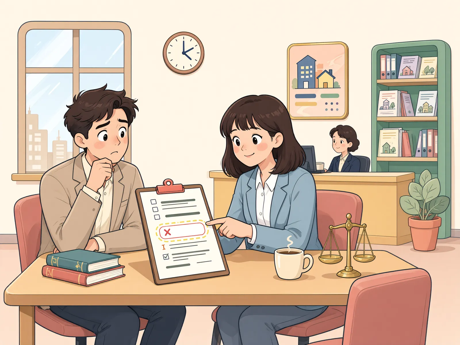 「변제기가 지났는데, 약정 이자도 끝날까요?」 상황을 그린 삽화