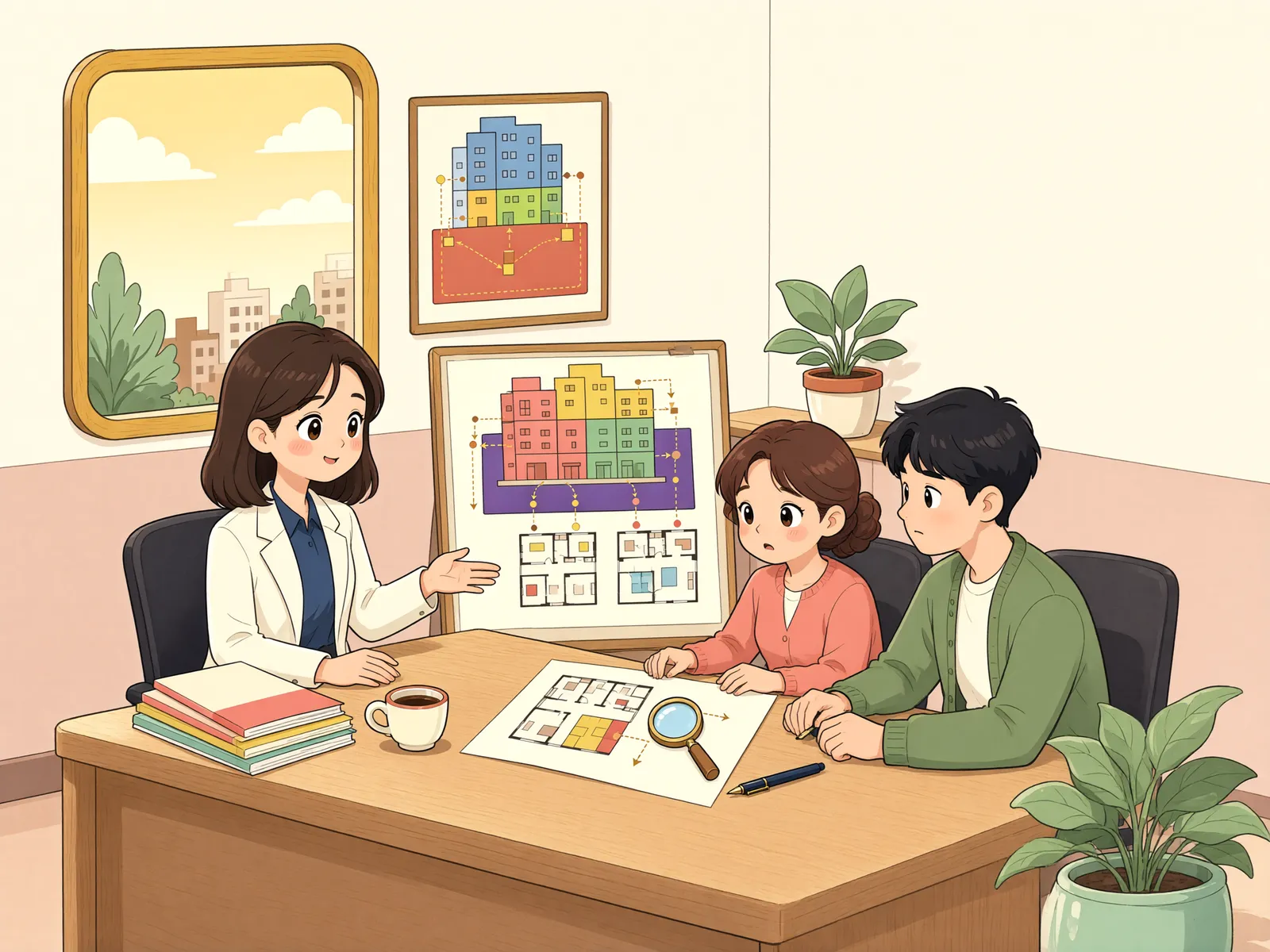「공유 토지에 각자 집을 지었다면, 경매 뒤에도 집을 지킬 수 있을까」 상황을 그린 삽화