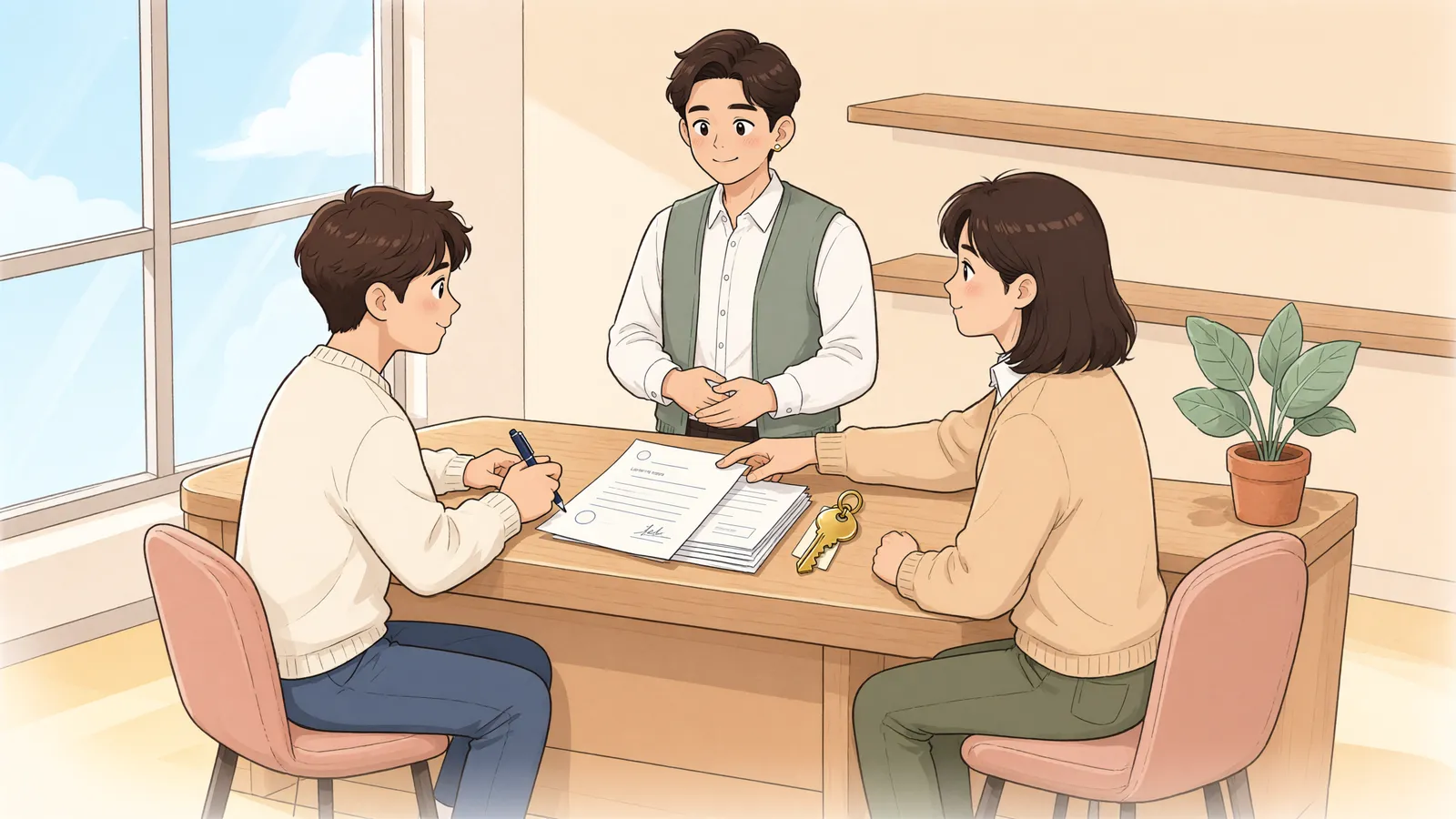 「집주인이 아닌 배우자와 계약했어도 우선변제권이 생길까」 상황을 그린 삽화