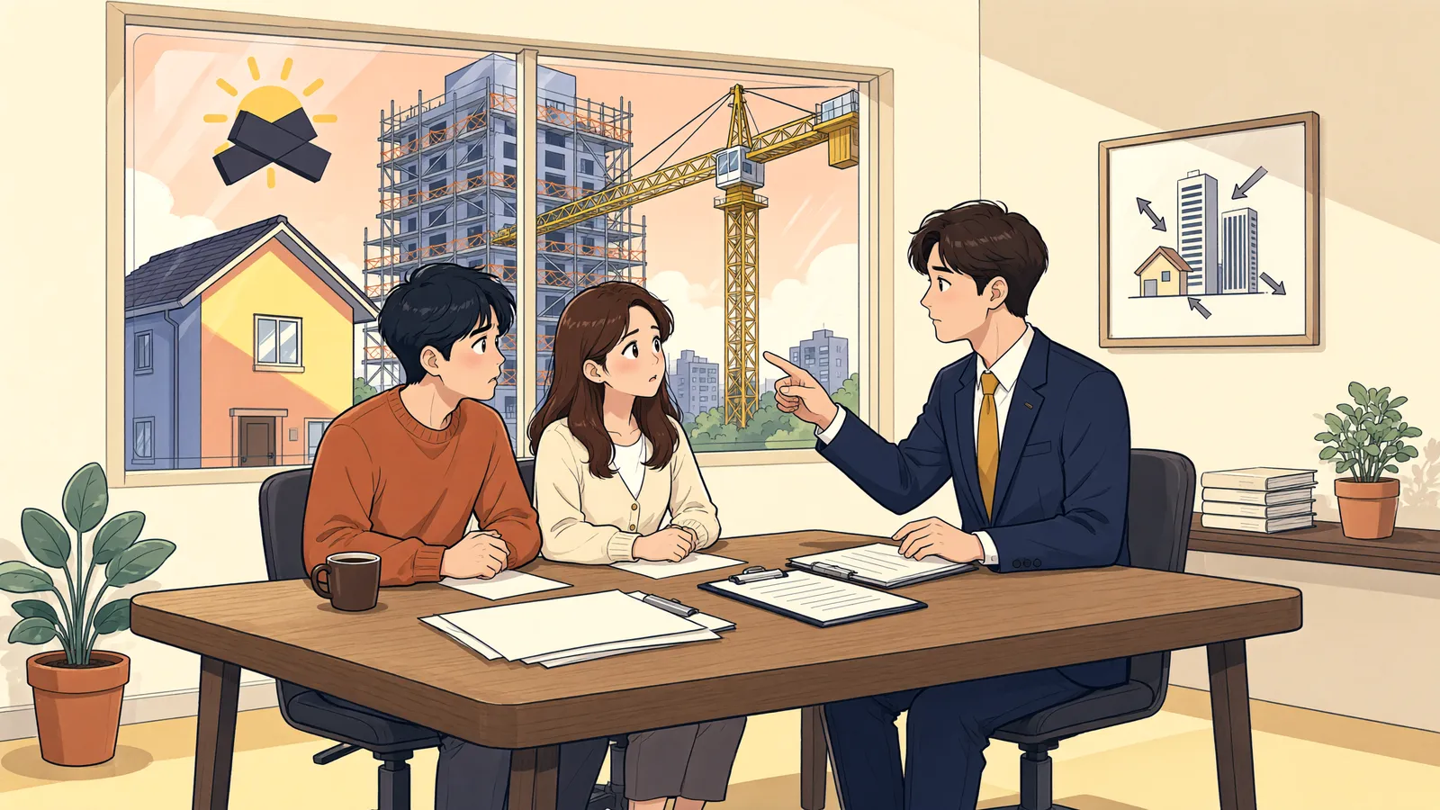 「햇빛이 사라지기 전에: 공사중지 가처분의 시간표」 상황을 그린 삽화