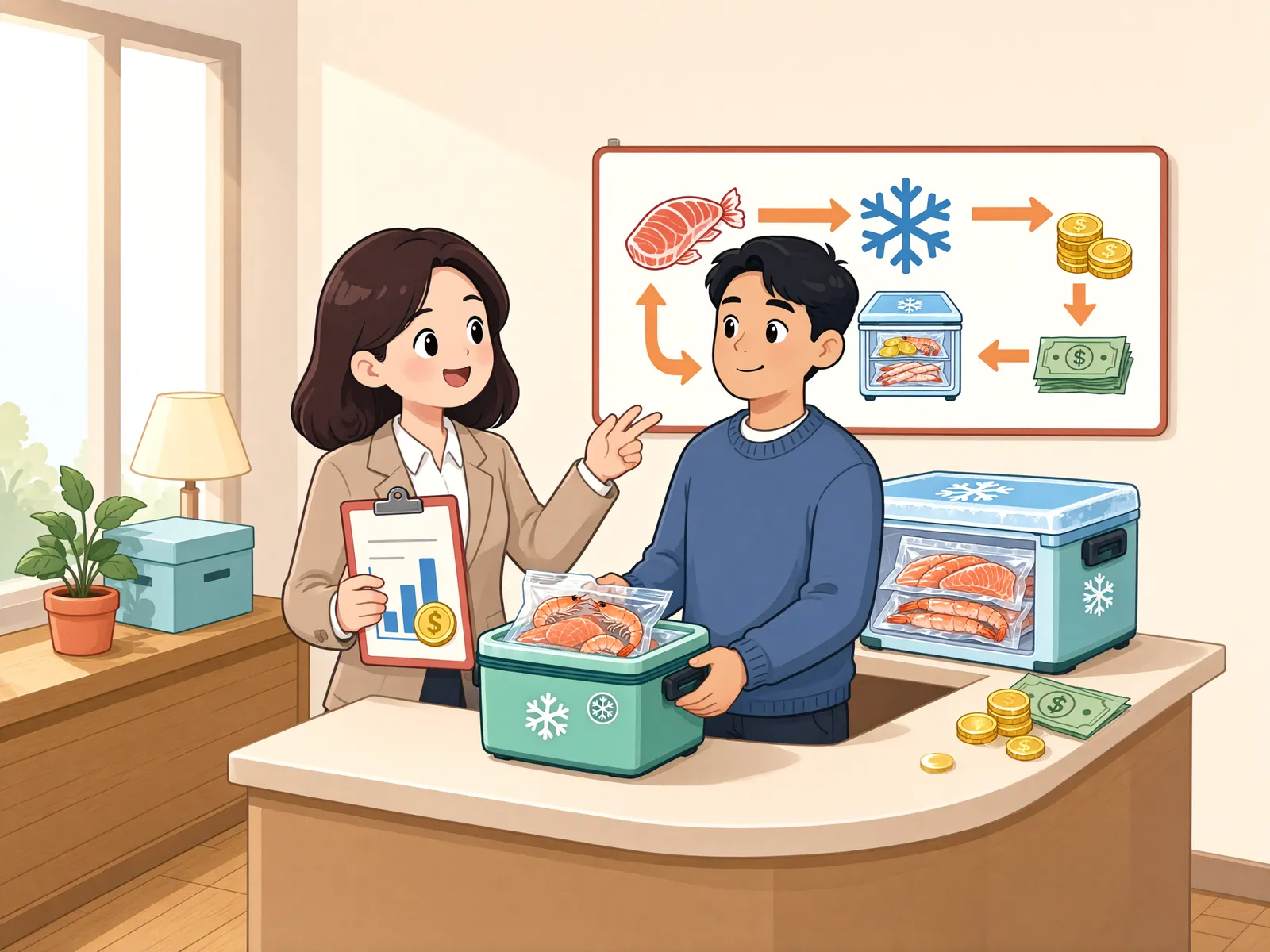 「냉동 창고의 해산물, 압류 뒤 바로 팔 수 있을까?」 상황을 그린 삽화