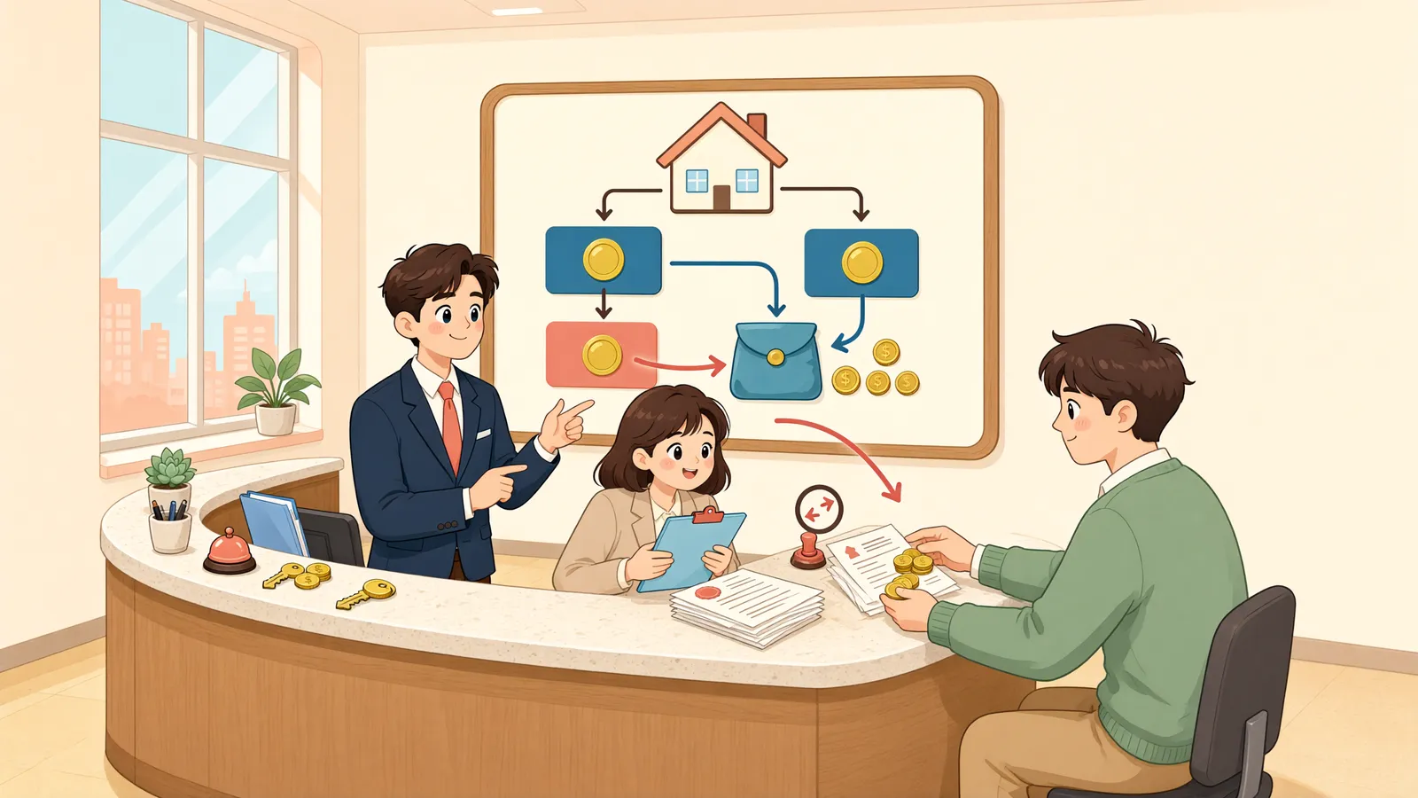 「공동저당에서 먼저 배당받은 선순위자, 후순위자는 다른 부동산을 노릴 수 있을까?」 상황을 그린 삽화