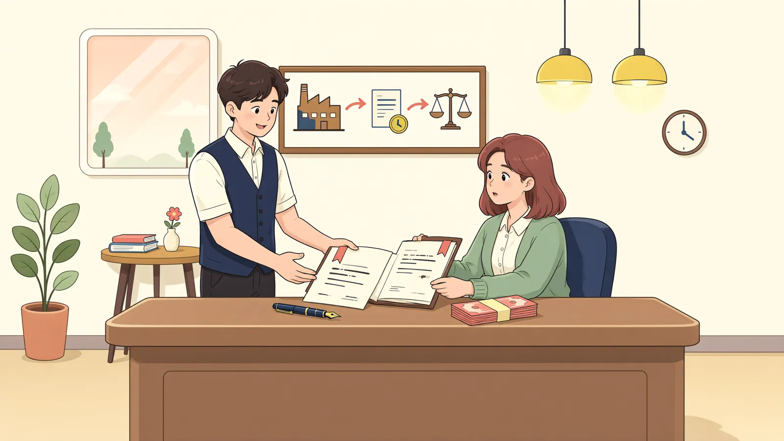 「공장 설비가 남의 것인데, 배당금은 돌려줘야 할까?」 상황을 그린 삽화