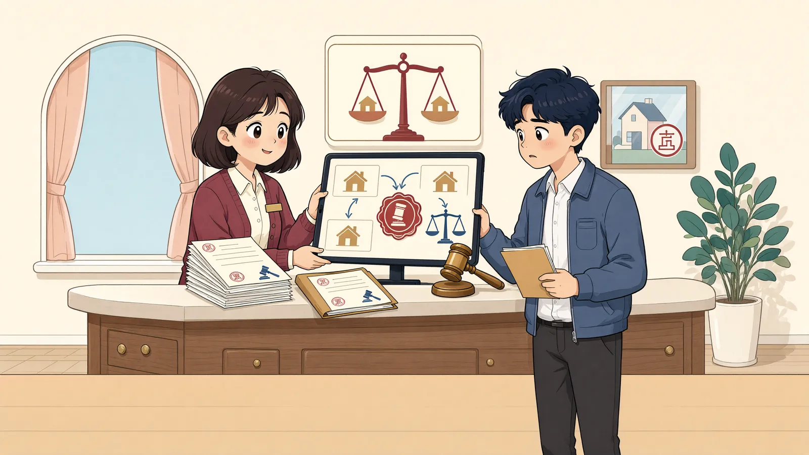 「땅값이면 충분하다는데, 건물도 함께 경매할 수 있을까?」 상황을 그린 삽화