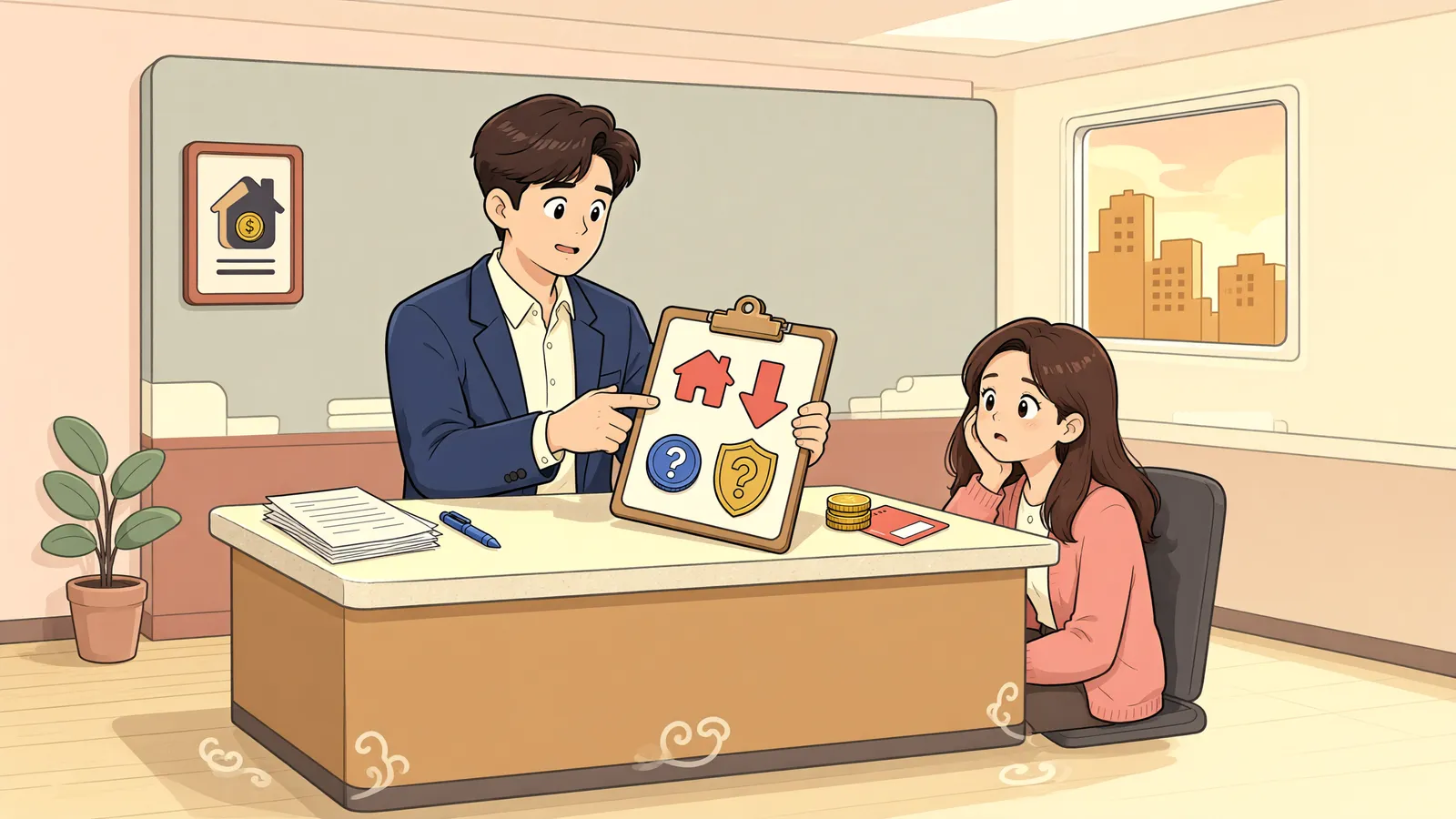 「보증금을 낮춘 새 계약, 소액임차인 보호를 받을 수 있을까」 상황을 그린 삽화