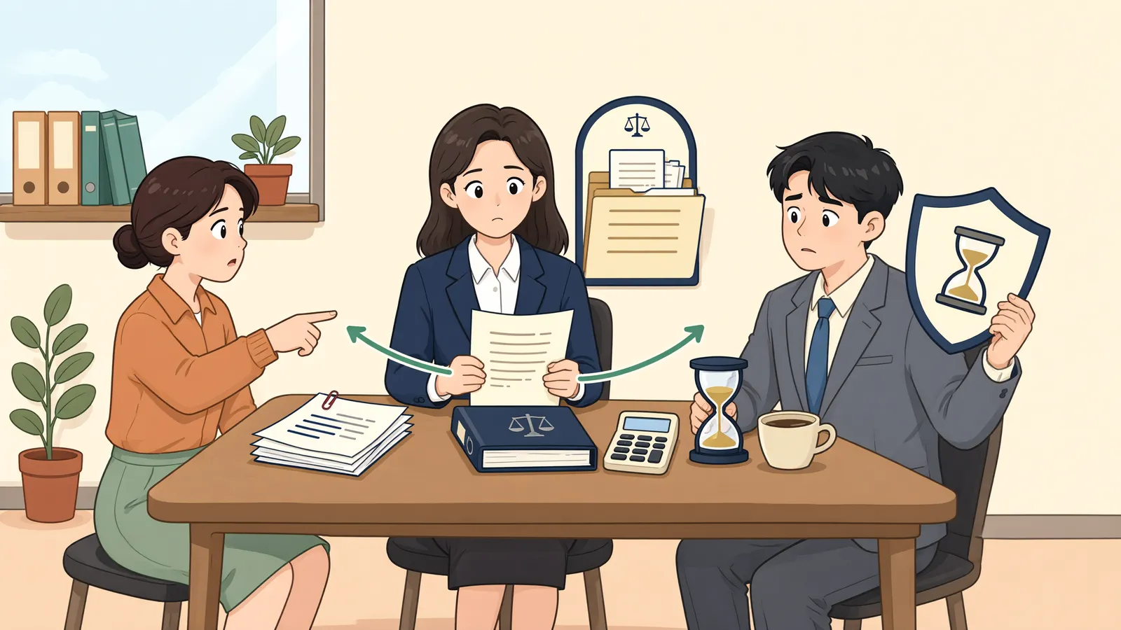 「내 채권에 시효가 완성됐어도, 소유권이전등기를 대신 청구할 수 있을까」 상황을 그린 삽화