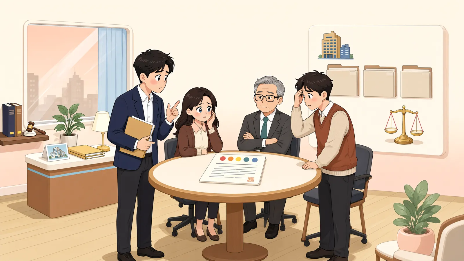 「공동수급체 구성원 한 사람의 무효확인 소송, 보존행위일까」 상황을 그린 삽화
