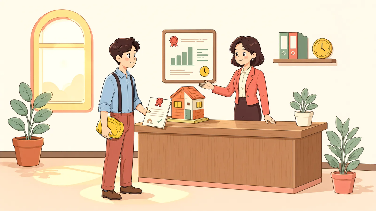 「공사 80%에서 계약이 끝났다면, 건물 소유권은 누구에게?」 상황을 그린 삽화