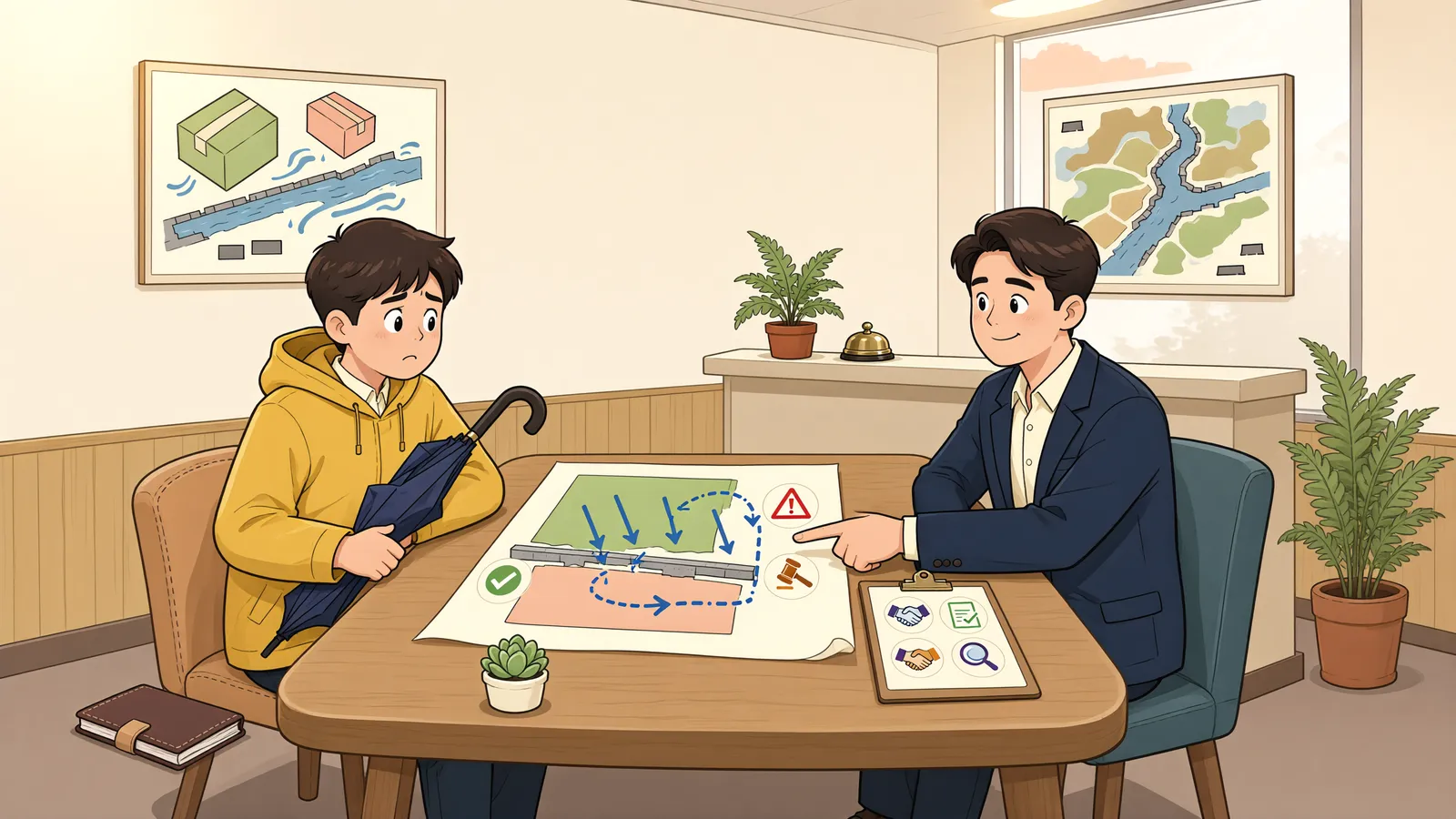 「경계에 세운 낮은 옹벽, 빗물의 길까지 막아도 될까」 상황을 그린 삽화