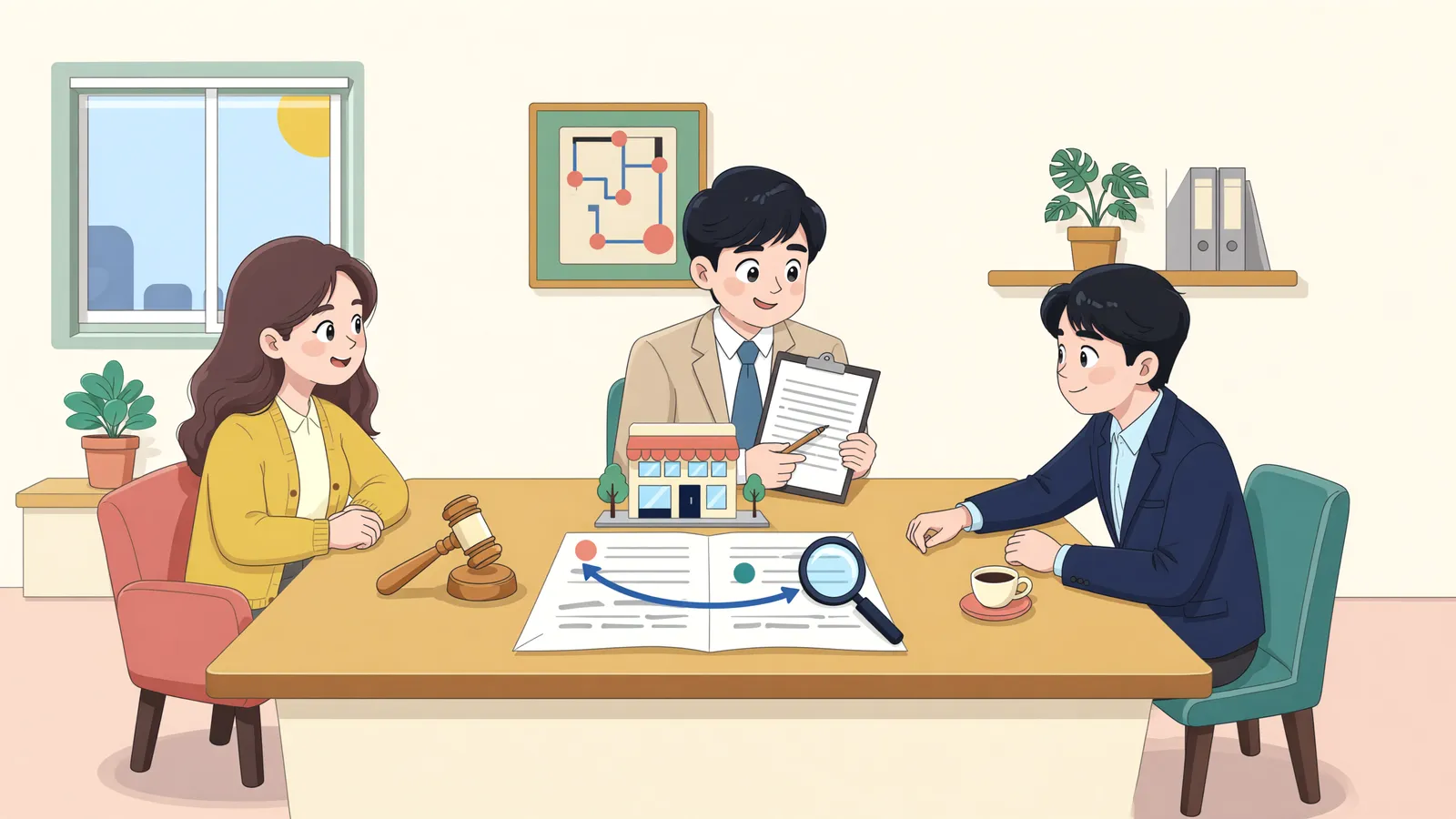 「공유 상가가 경매로 넘어가면 새 소유자가 임대인이 될까?」 상황을 그린 삽화
