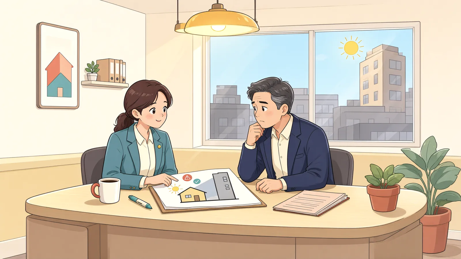「그늘진 집, 건축허가 취소소송으로 햇빛을 되찾을 수 있을까」 상황을 그린 삽화