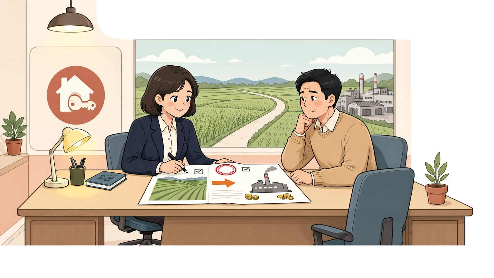 「지목은 농지, 현장은 공장… 보상 기준은 무엇일까」 상황을 그린 삽화