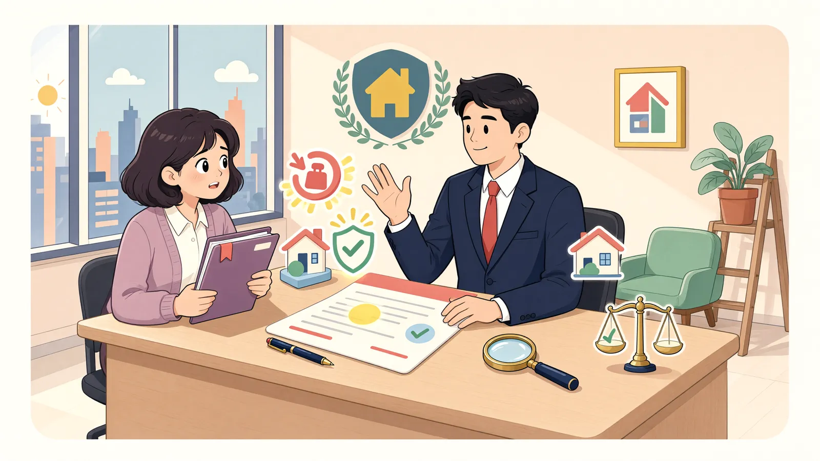 「파산신청만 했다면, 면책신청은 따로 해야 할까?」 상황을 그린 삽화