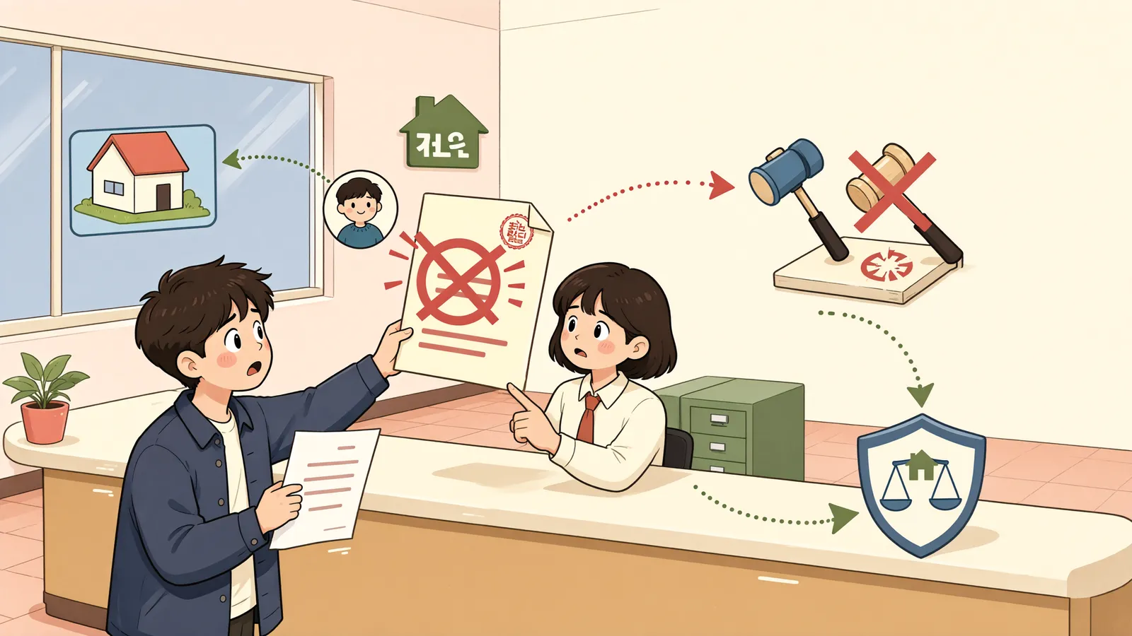 「경매로 산 집의 소유권이 무너졌다면」 상황을 그린 삽화