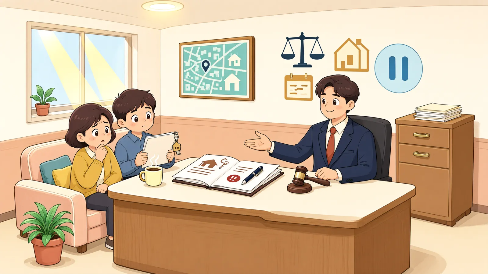 「변제기한을 미뤘는데 경매가 시작됐다면」 상황을 그린 삽화