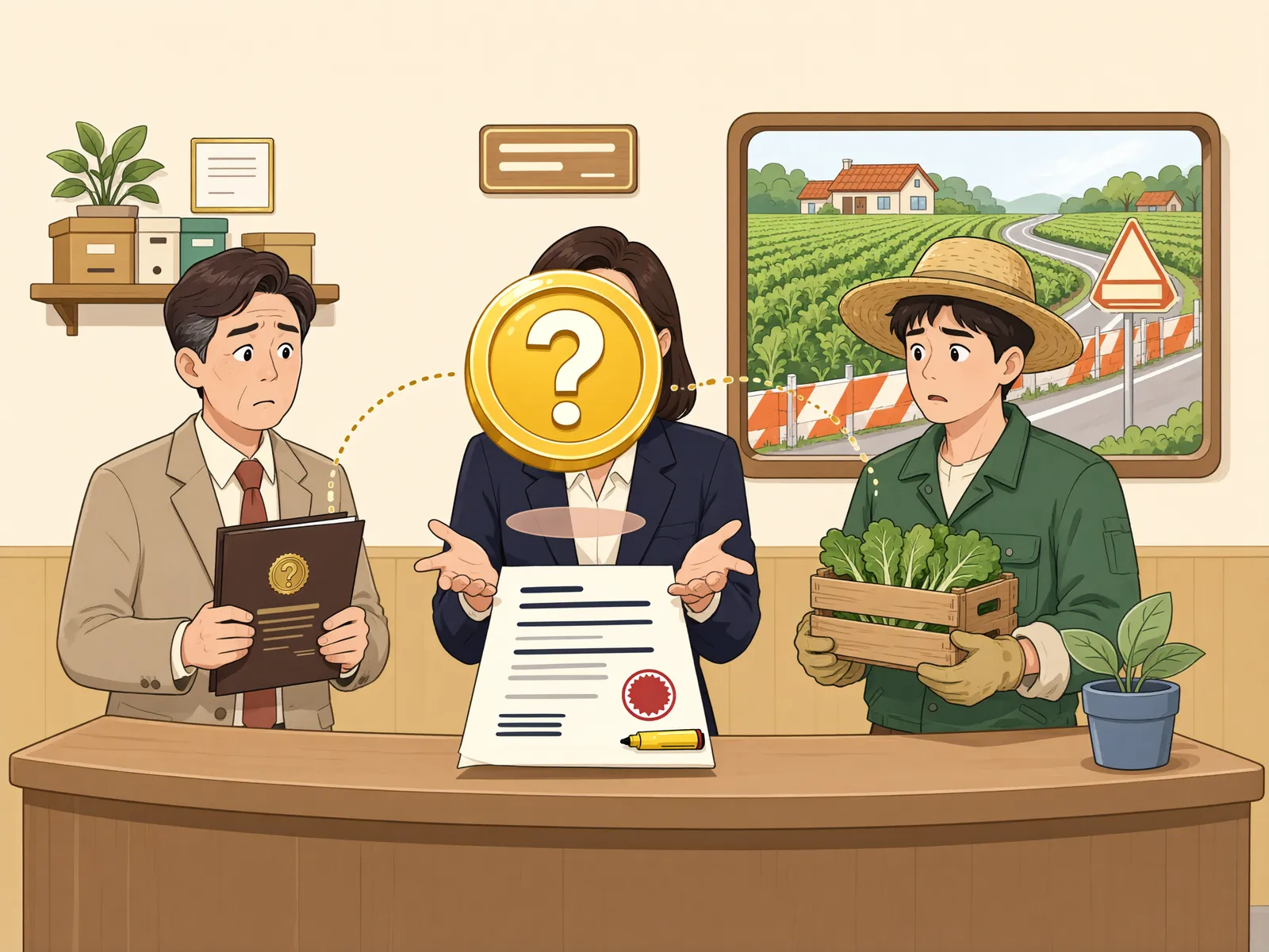 「밭 주인은 보상금을 받았는데, 땀 흘린 경작자는?」 상황을 그린 삽화