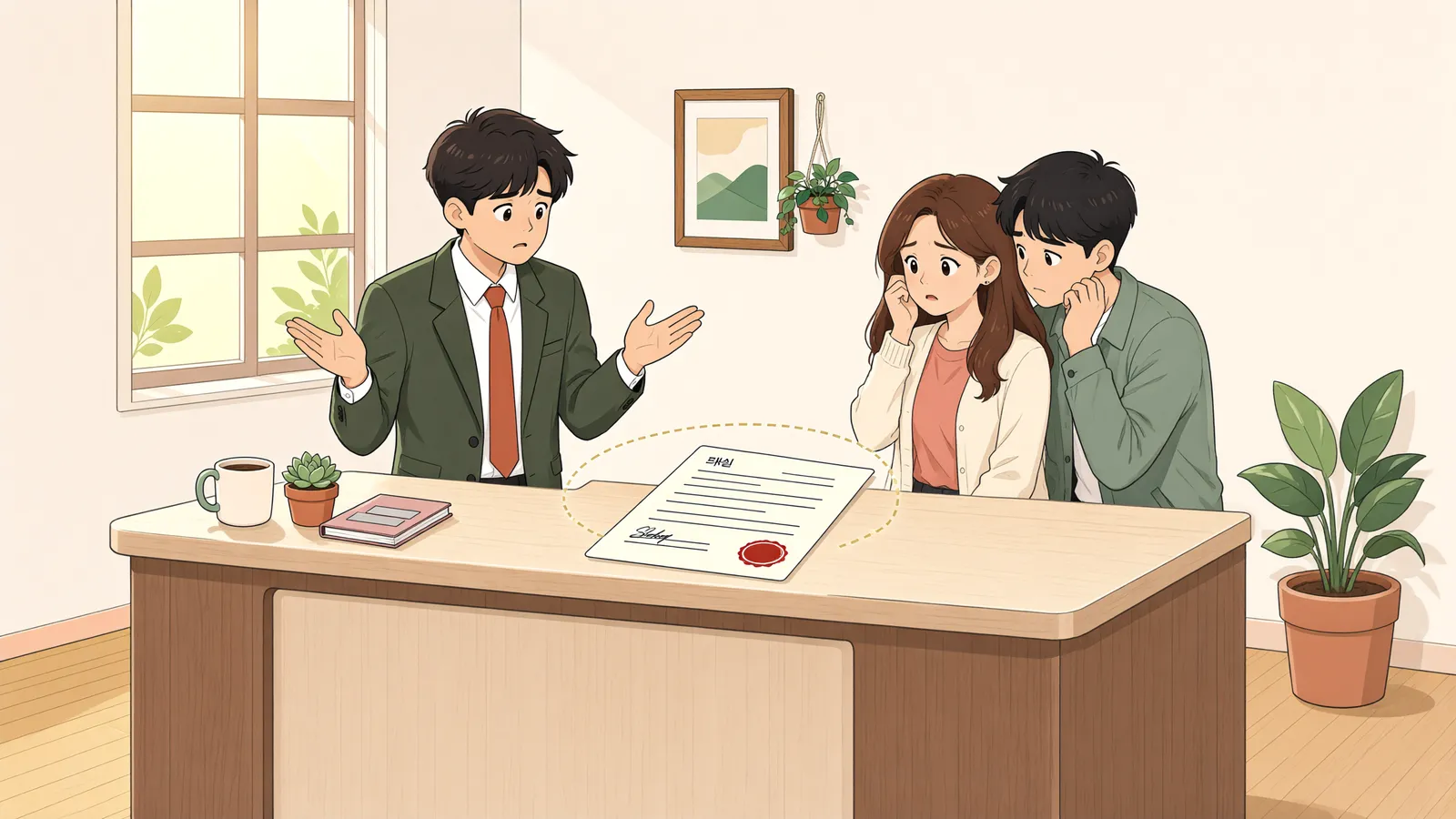 「계약서에 서명하지 못했는데, 중개보수는 받을 수 있을까?」 상황을 그린 삽화