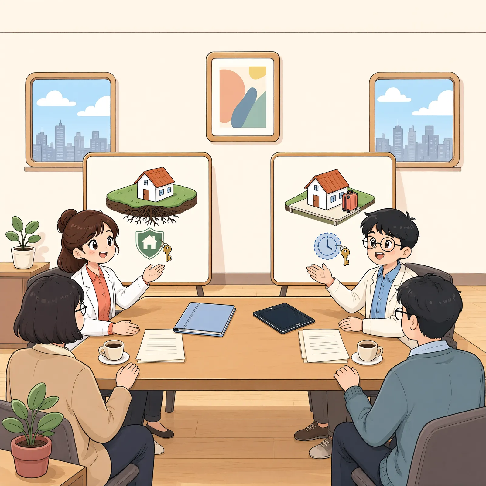「빈 땅에 작업실을 세우려는 사람, 임차권보다 지상권이 나을까」 상황을 그린 삽화