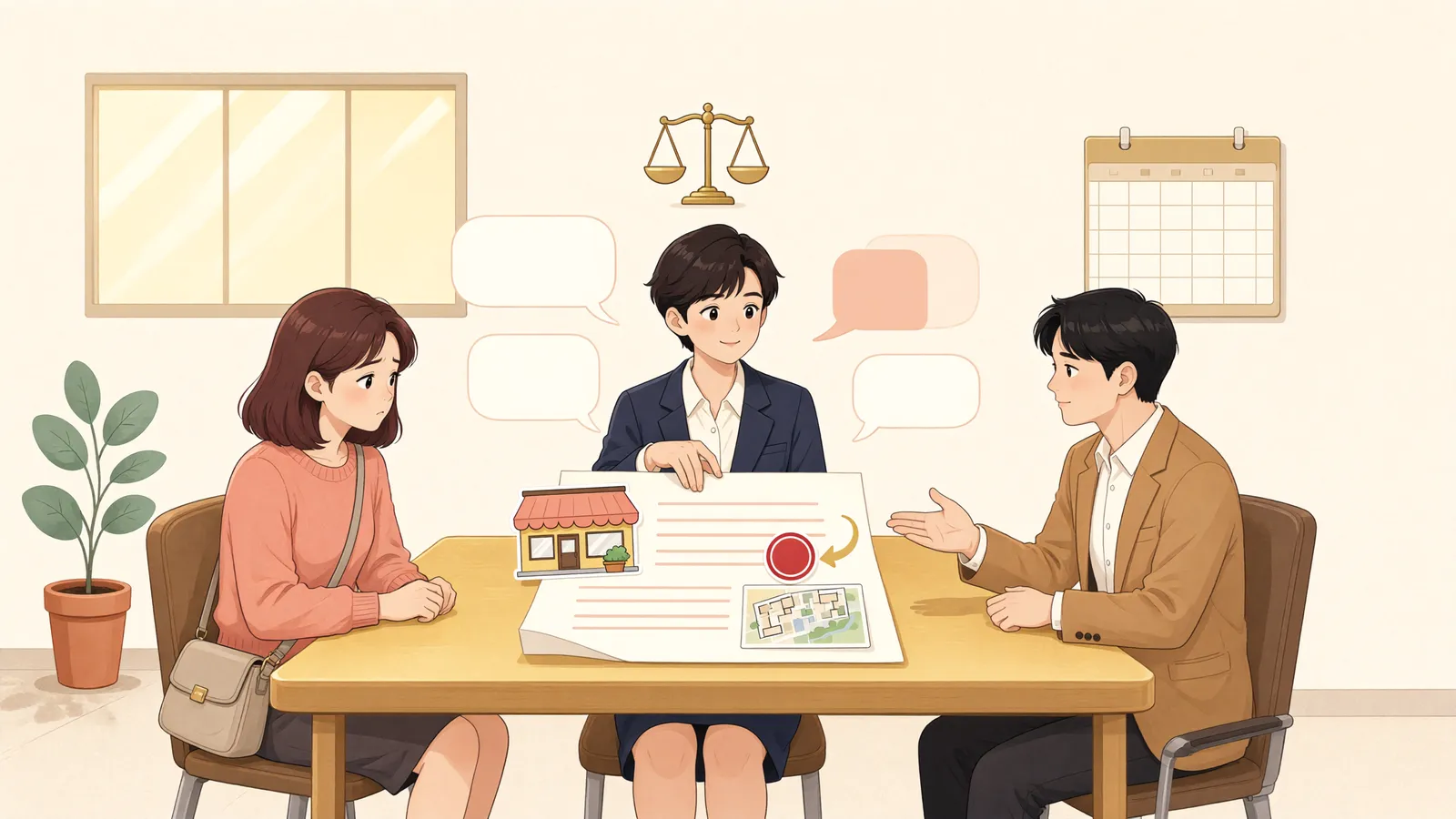 「건물주가 바뀌었다고 점포를 비워야 할까?」 상황을 그린 삽화