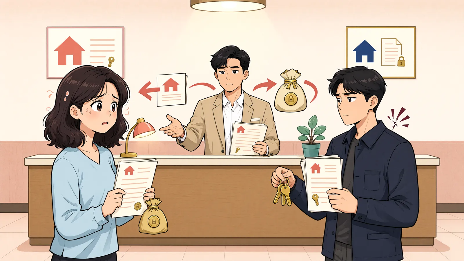 「명의신탁인 줄 알면서 팔았는데, 땅을 되찾지 못하면 손해배상도 못 받을까?」 상황을 그린 삽화