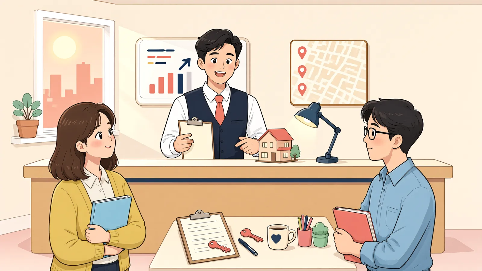 「계약서에 도장 찍은 뒤에도, 중개사의 역할은 끝나지 않을 수 있습니다」 상황을 그린 삽화