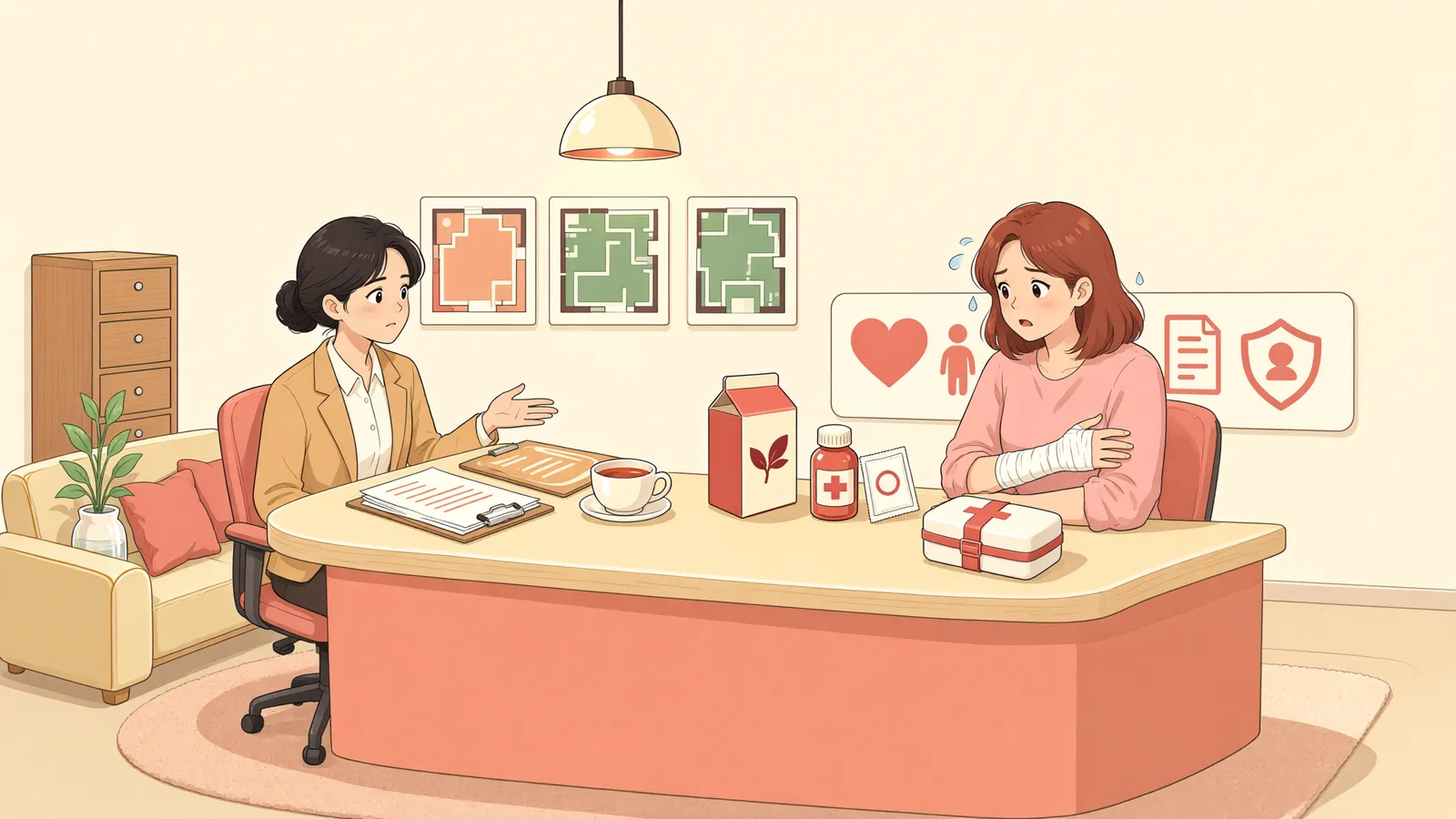 「히터가 튀어 손을 데었다면, 판매점에만 말해야 할까요?」 상황을 그린 삽화