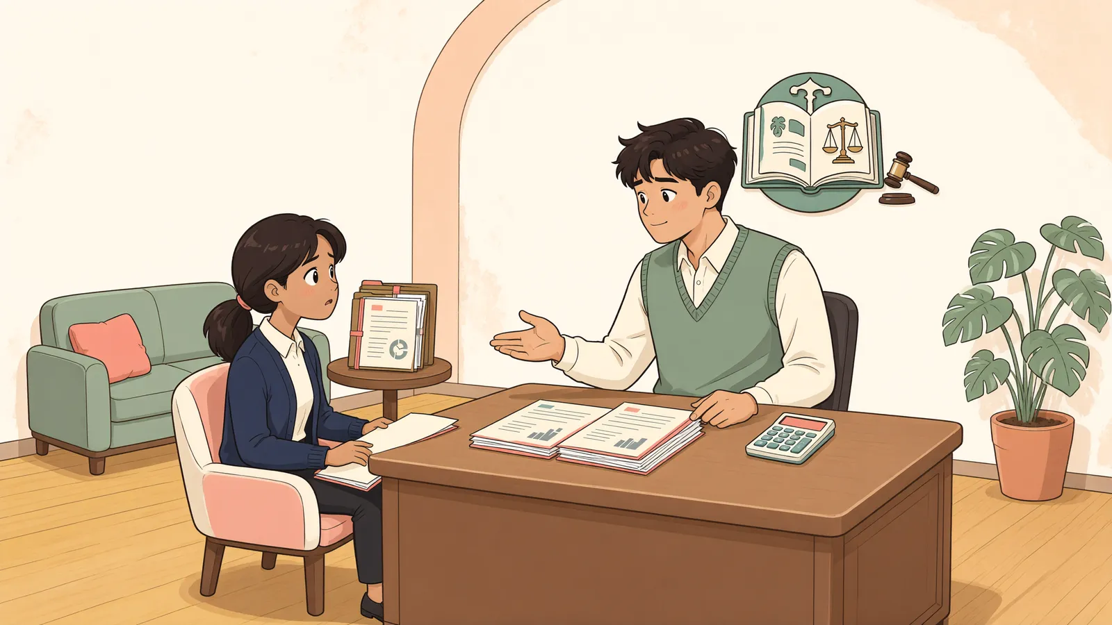「청산금, 바로 소송부터 할 수 있을까?」 상황을 그린 삽화