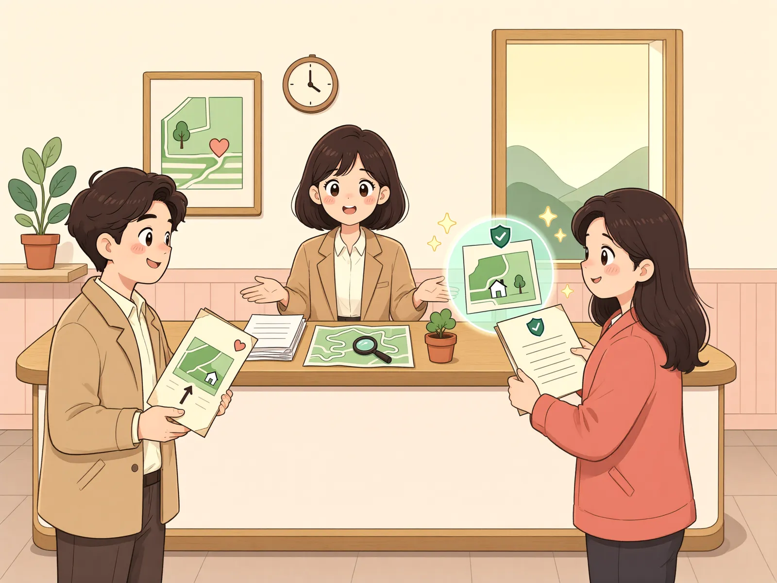 「도로가 날 때까지 쓰기로 한 땅, 새 주인에게도 통할까」 상황을 그린 삽화