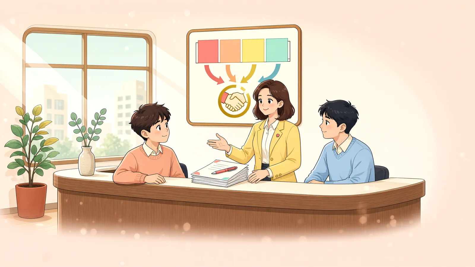 「벽을 허문 뒤, 세 소유자의 권리는 어떻게 될까」 상황을 그린 삽화