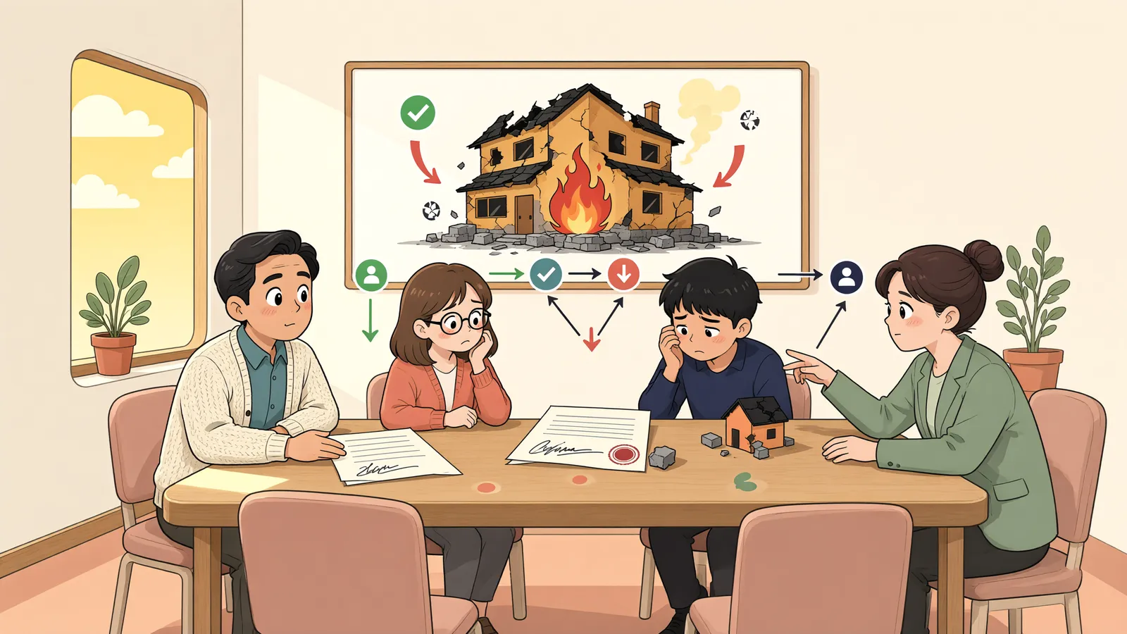 「승낙받은 전대주택에 불이 났다면, 누구에게 책임을 물을까」 상황을 그린 삽화