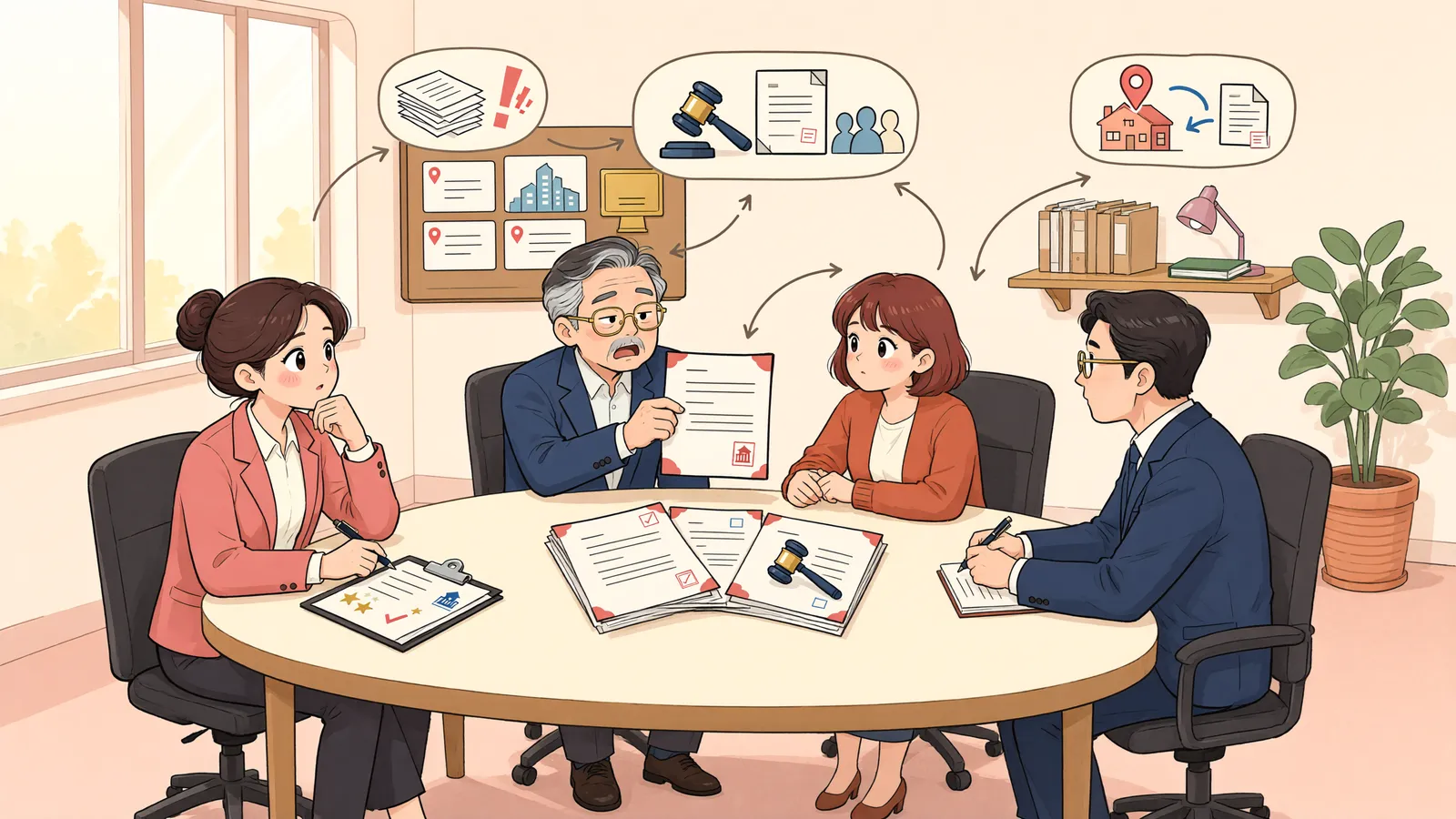「같은 공사대금채권을 대신 청구한다면, 다른 채권자의 참가도 가능할까?」 상황을 그린 삽화