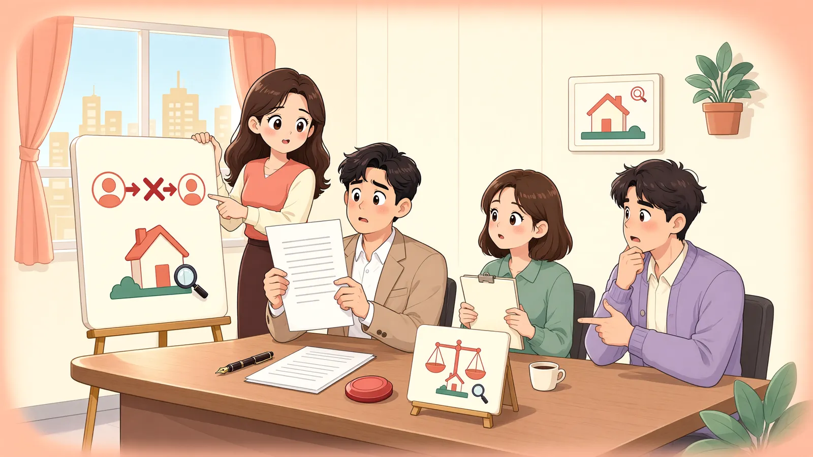 「건물만 경매로 넘어갔을 때, 토지 위에 남는 권리」 상황을 그린 삽화