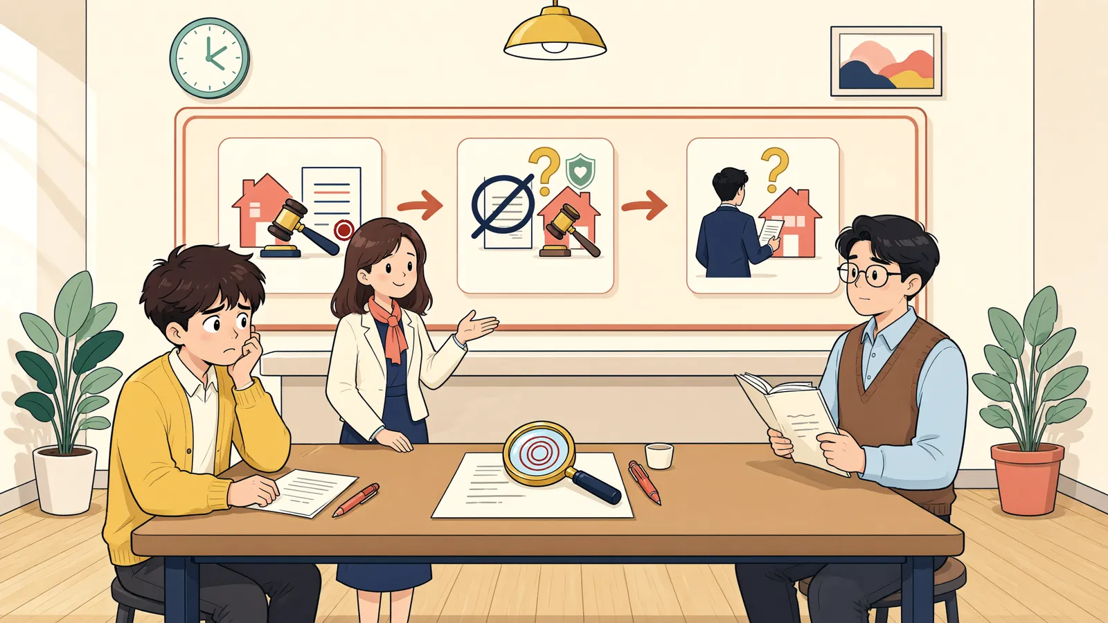 「경매 뒤 재심으로 원판결이 뒤집혔다면, 낙찰자의 소유권도 흔들릴까」 상황을 그린 삽화