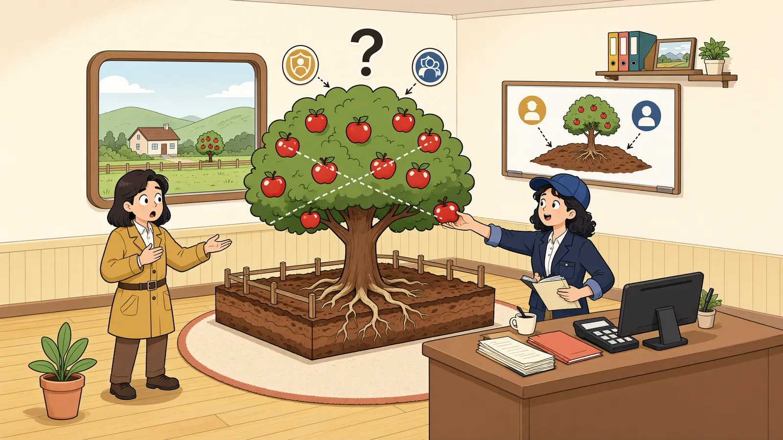 「경계 밖에 심은 과실수, 누구의 나무가 될까」 상황을 그린 삽화