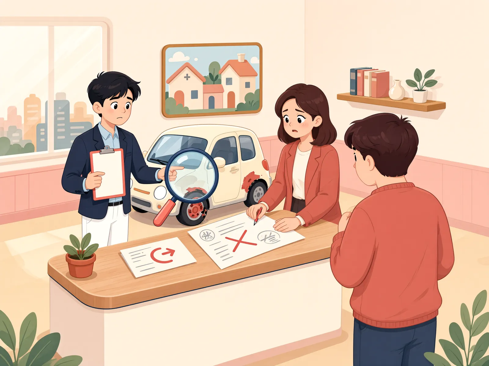 「수리를 마쳤는데도 불안한 차, 계약을 해제할 수 있을까」 상황을 그린 삽화