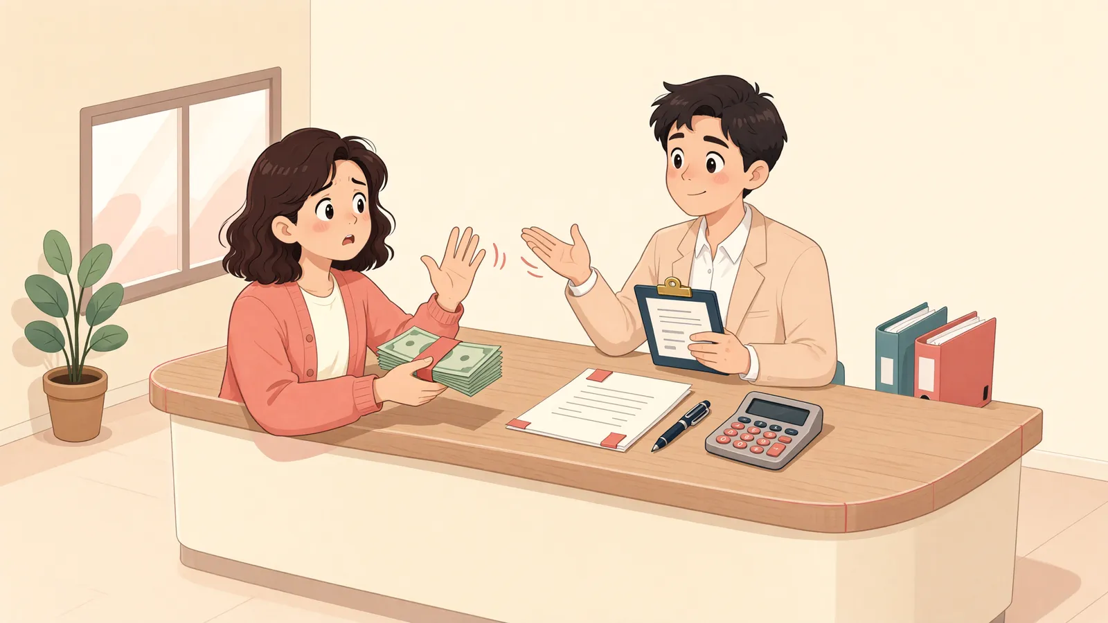 「“두 배로 돌려줄게요”라는 말만으로 계약이 끝날까」 상황을 그린 삽화